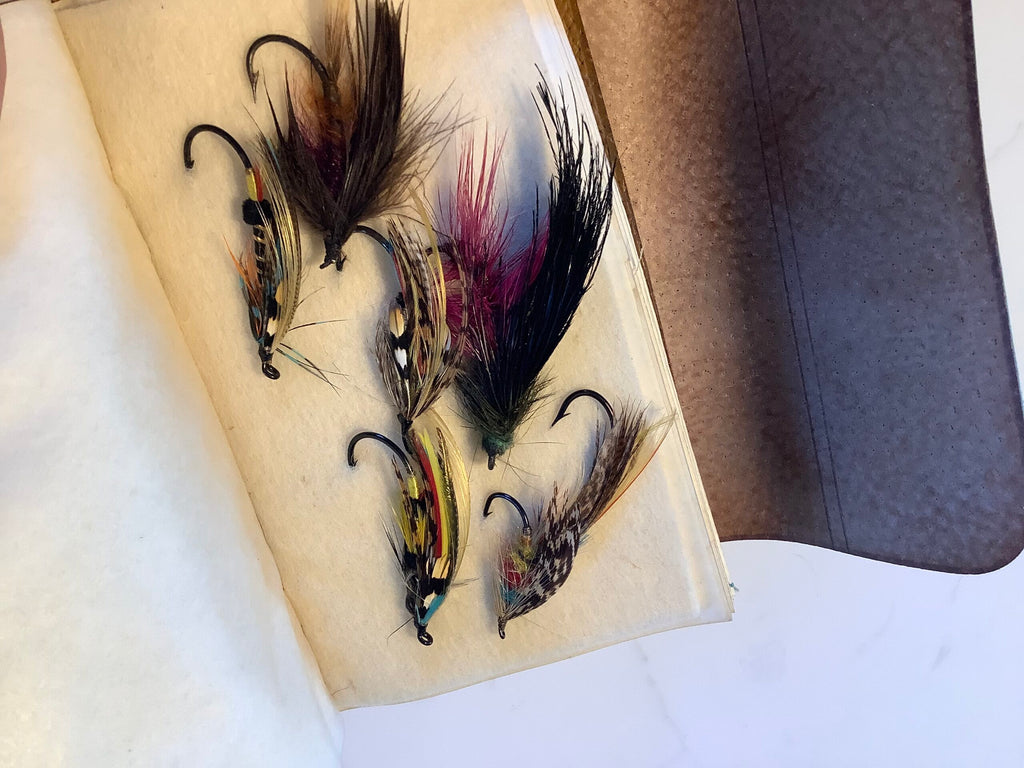 Antique Richard Wheatley Leather Fly Wallet with large Dressed salmon Flies