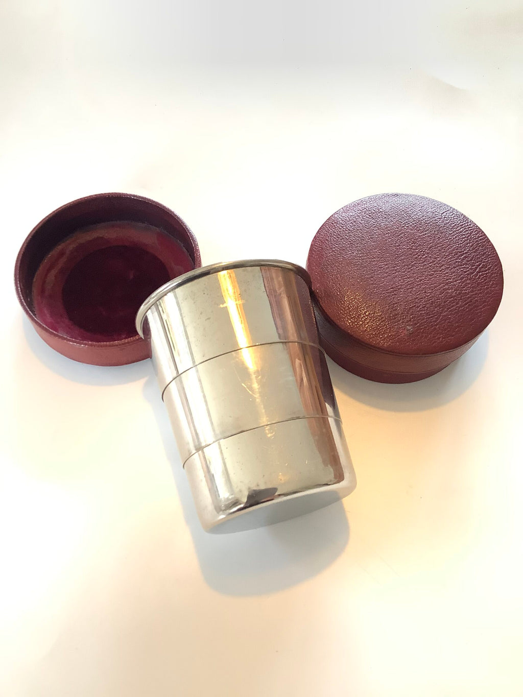 Antique silver collapsible Leather cased Pocket Cup