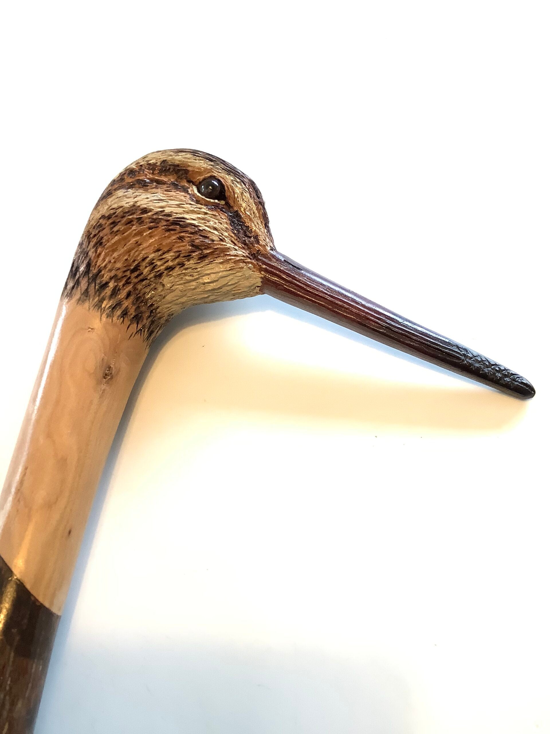 A Stunning Ian Taylor Hand Carved Painted SNIPE walking Stick, MAKER TO THE QUEEN