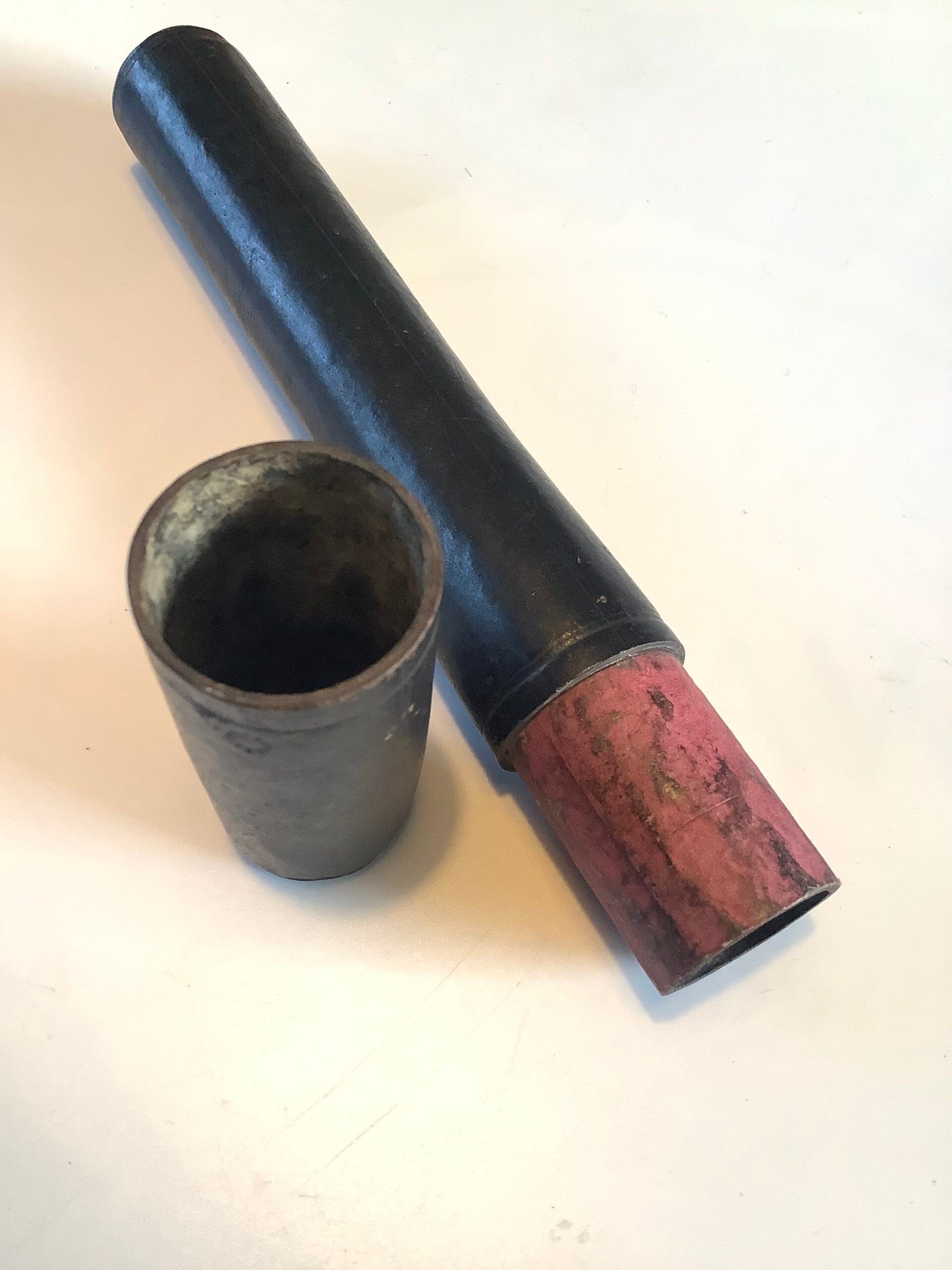 Rare Antique Leather Turned Wood Fishing Float Holders with early starburst stamps