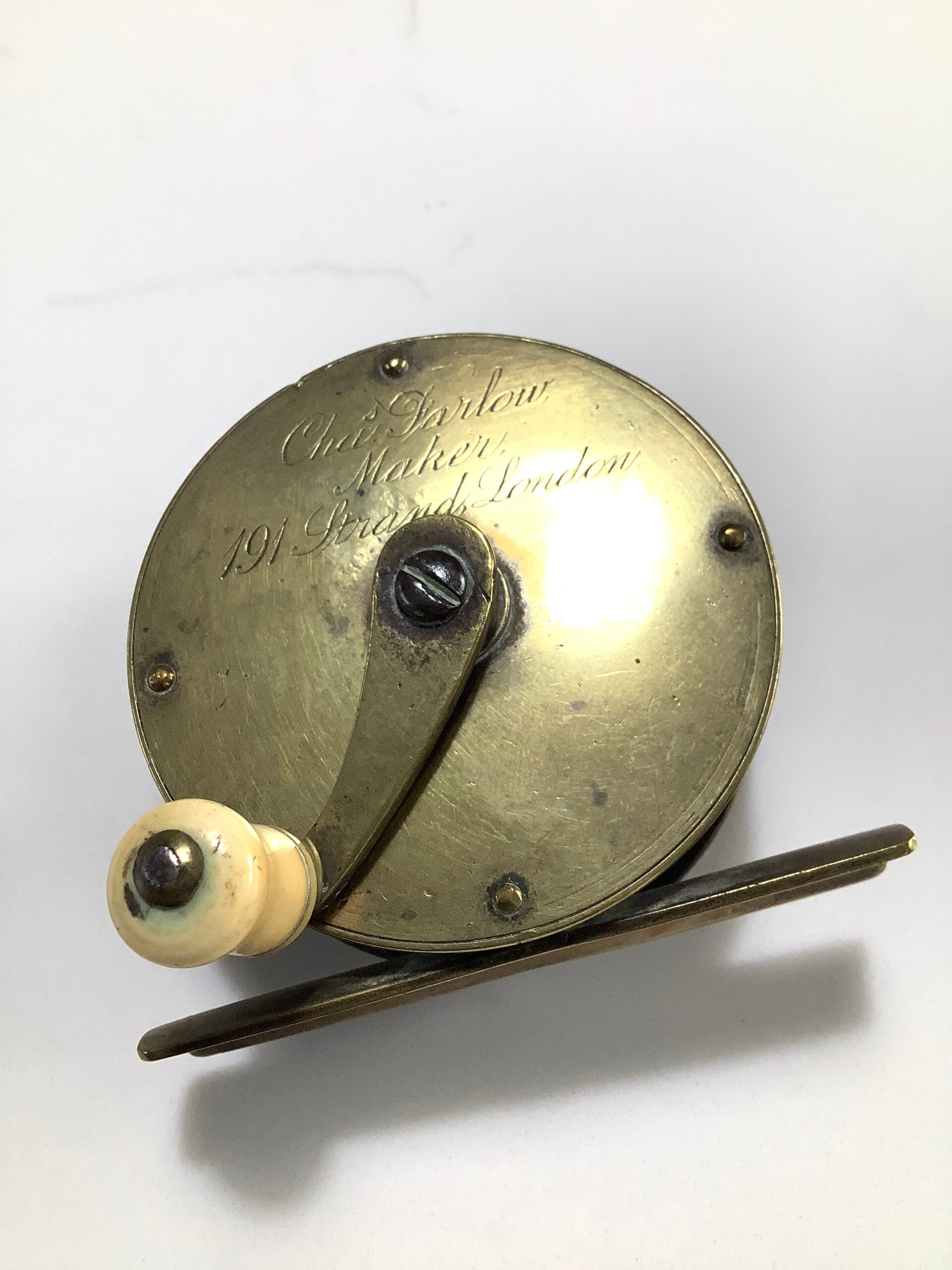 Antique CHAS FARLOW OF THE STRAND LONDON Rare Smallest 23/8” Narrow drum Brass winch