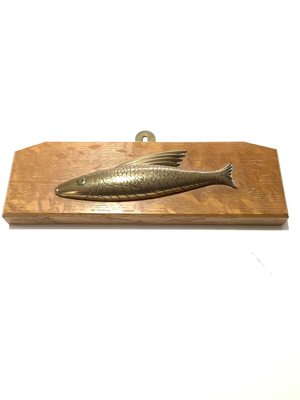 Antique Brass Fish Set on a Solid Oak Wall Plaque