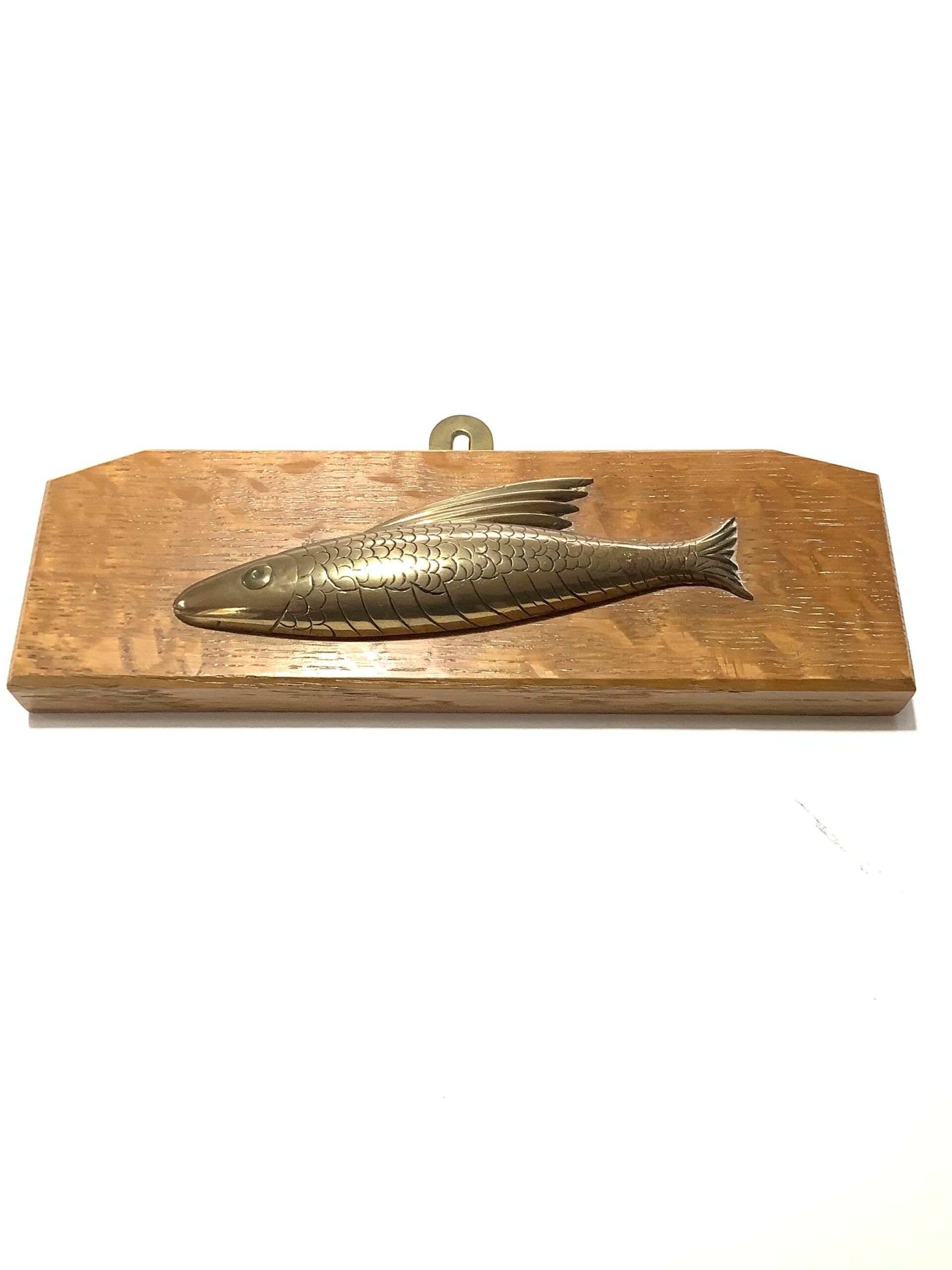 Antique Brass Fish Set on a Solid Oak Wall Plaque