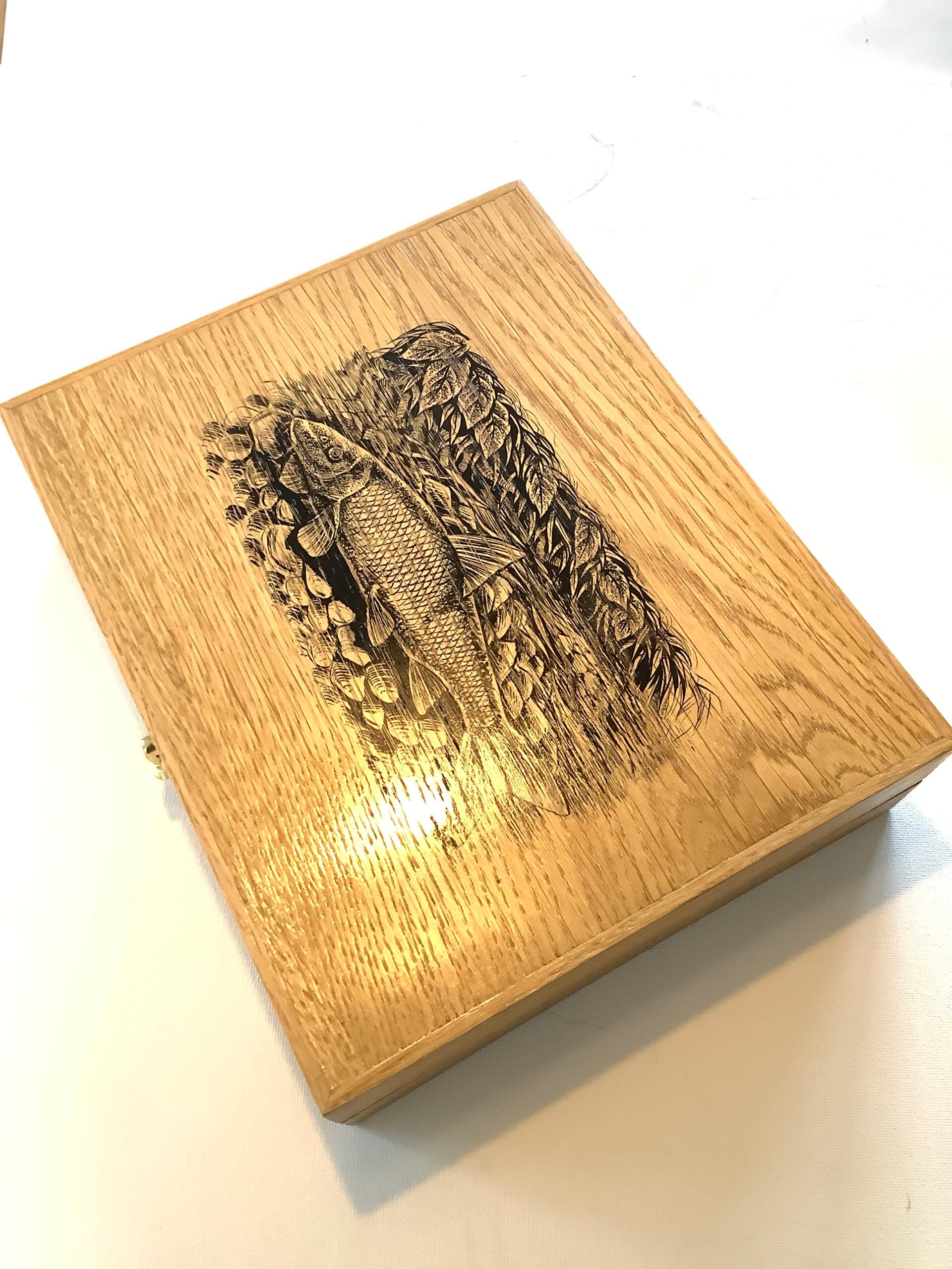 Paul Cook Hand Made Solid Oak Float Box with Painted Barbel