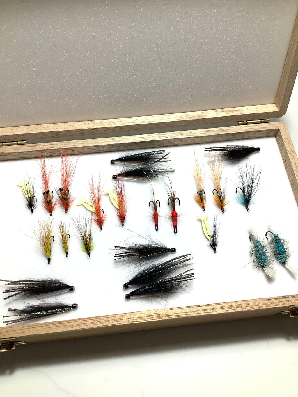Large Richard Wheatley Hardwood Double lidded Fly case with a selection Donegal Flys
