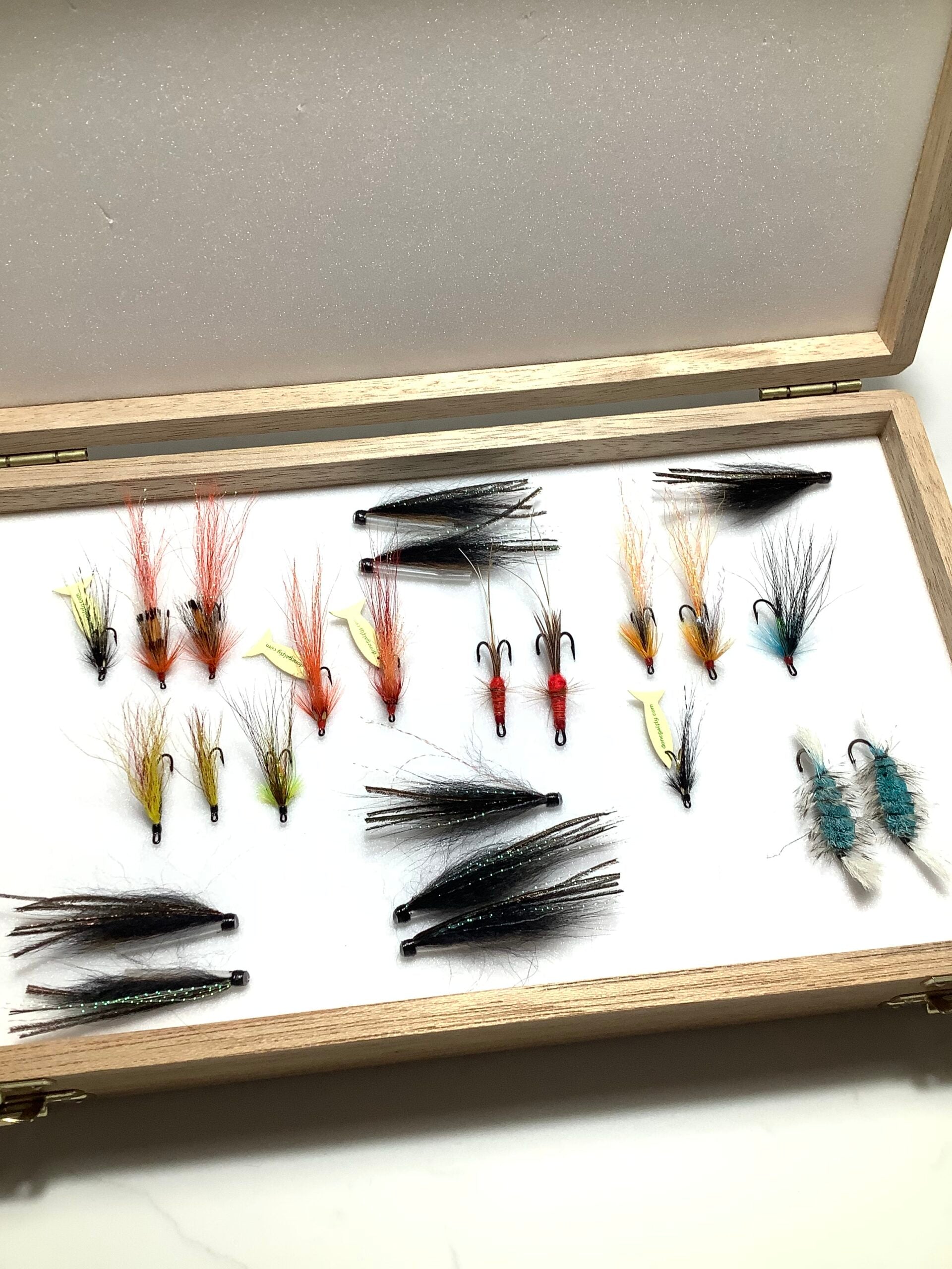 Large Richard Wheatley Hardwood Double lidded Fly case with a selection Donegal Flys