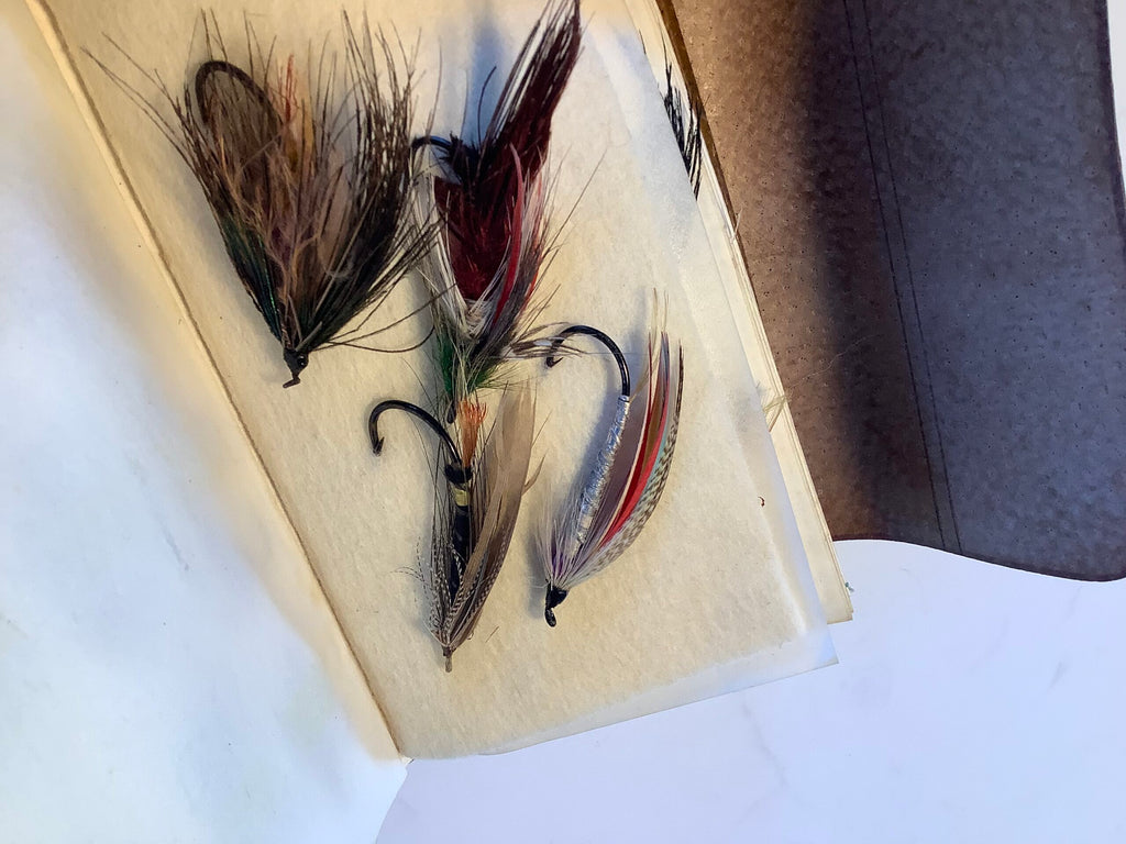 Antique Richard Wheatley Leather Fly Wallet with large Dressed salmon Flies