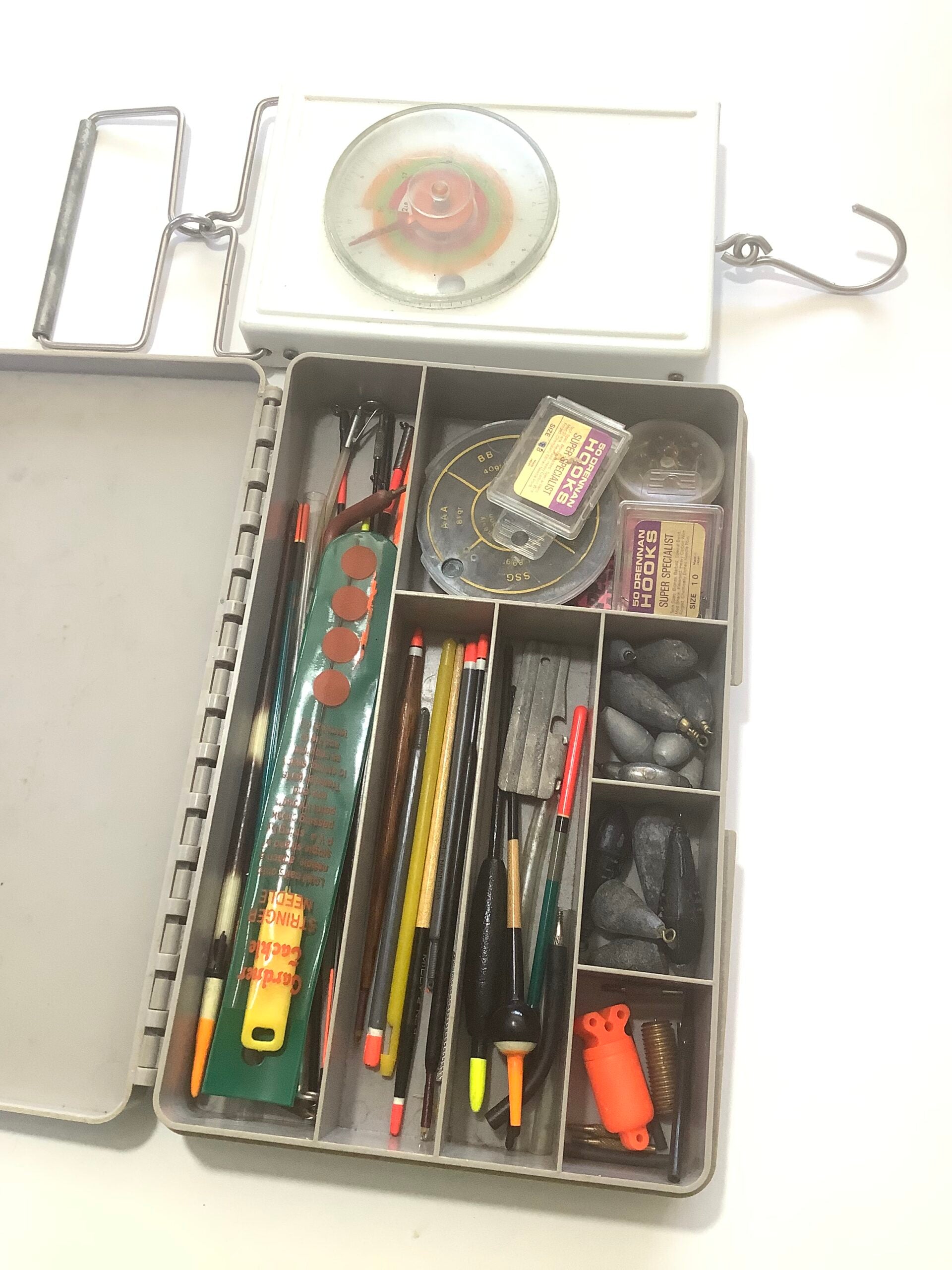 Vintage STEWART Tackle box of items Avon Scales