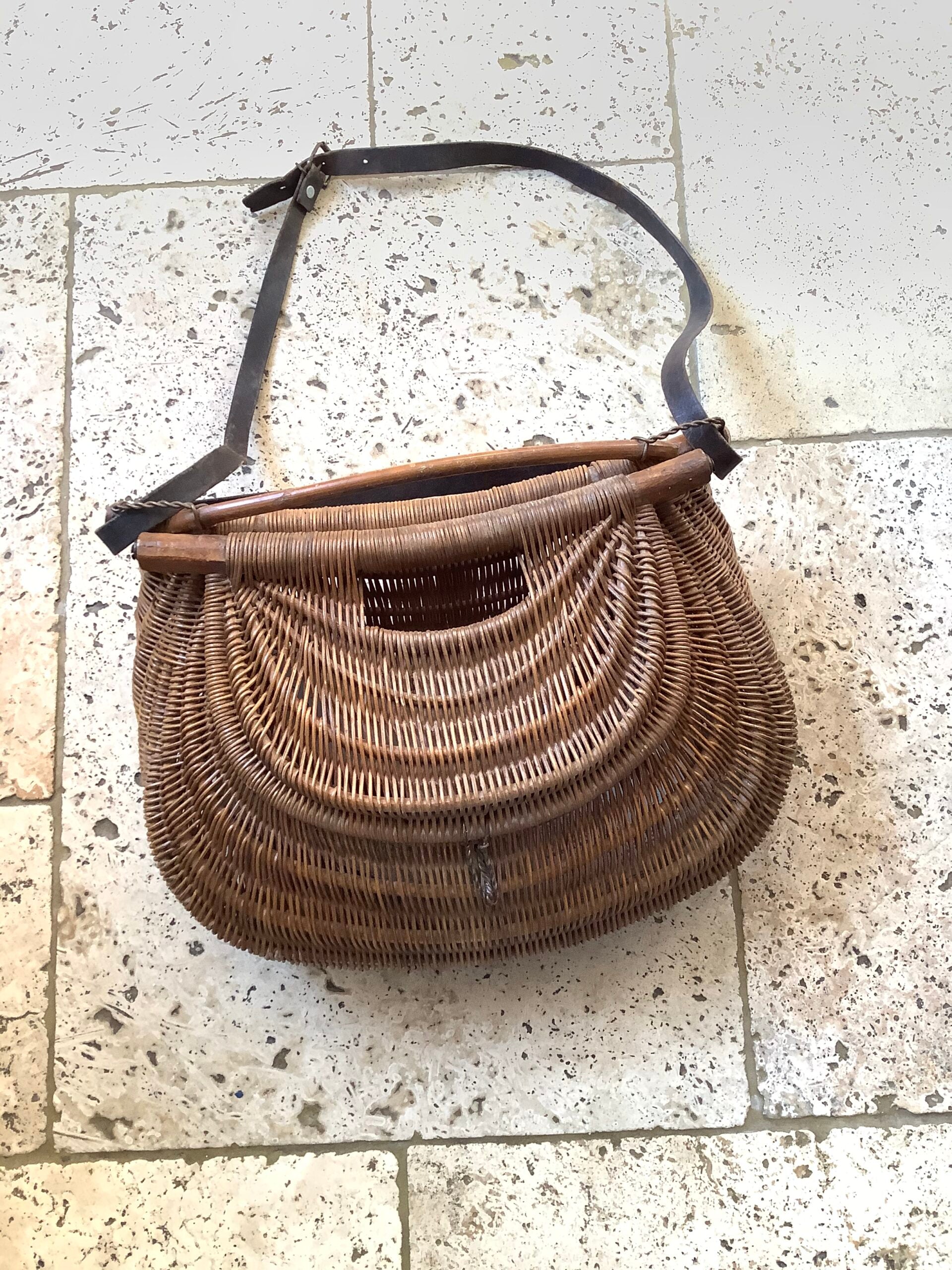 Rare unusual Antique Wicker Fisherman’s Creel