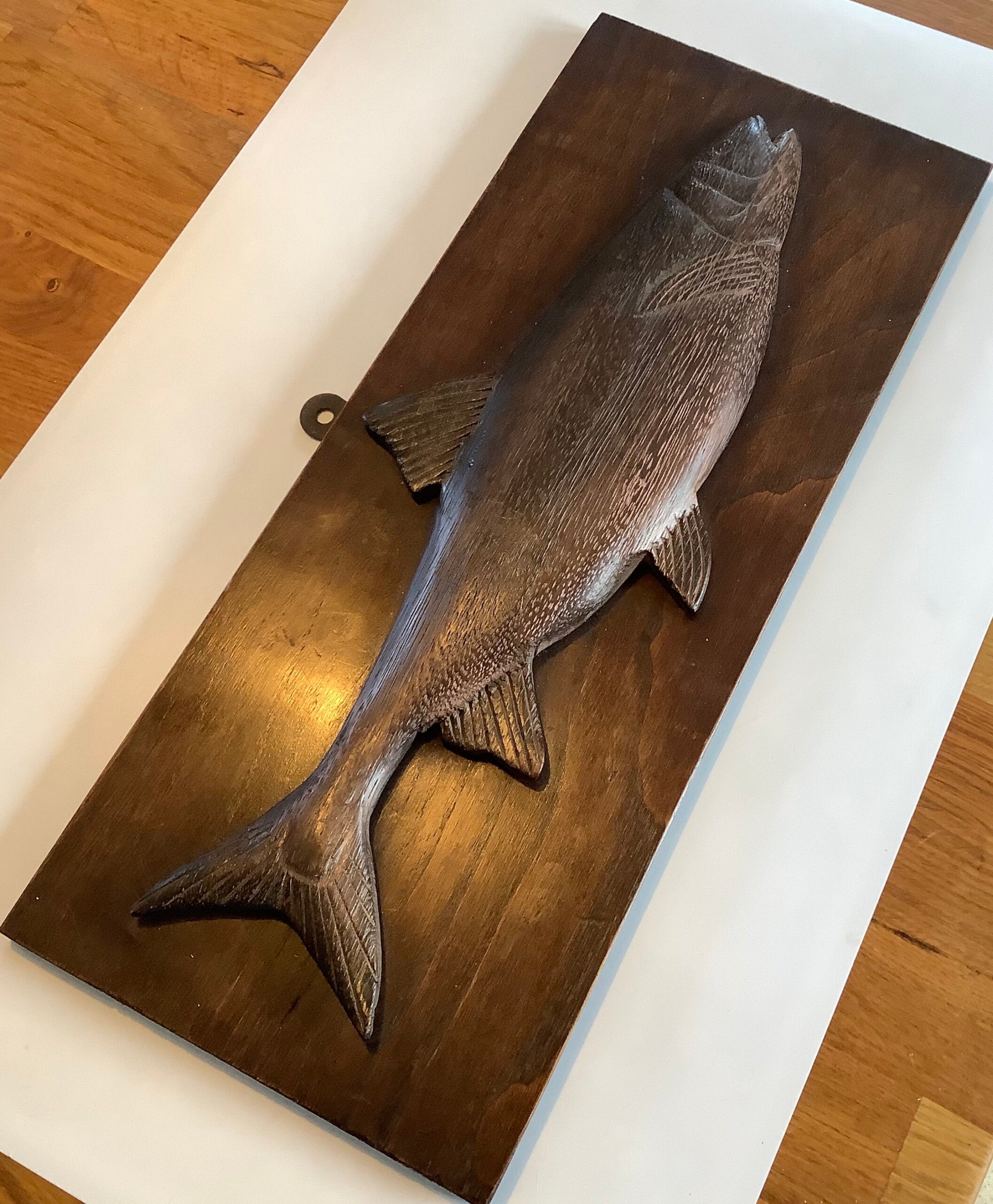 Antique Hand Carved Hardwood fish on a Hardwood back board