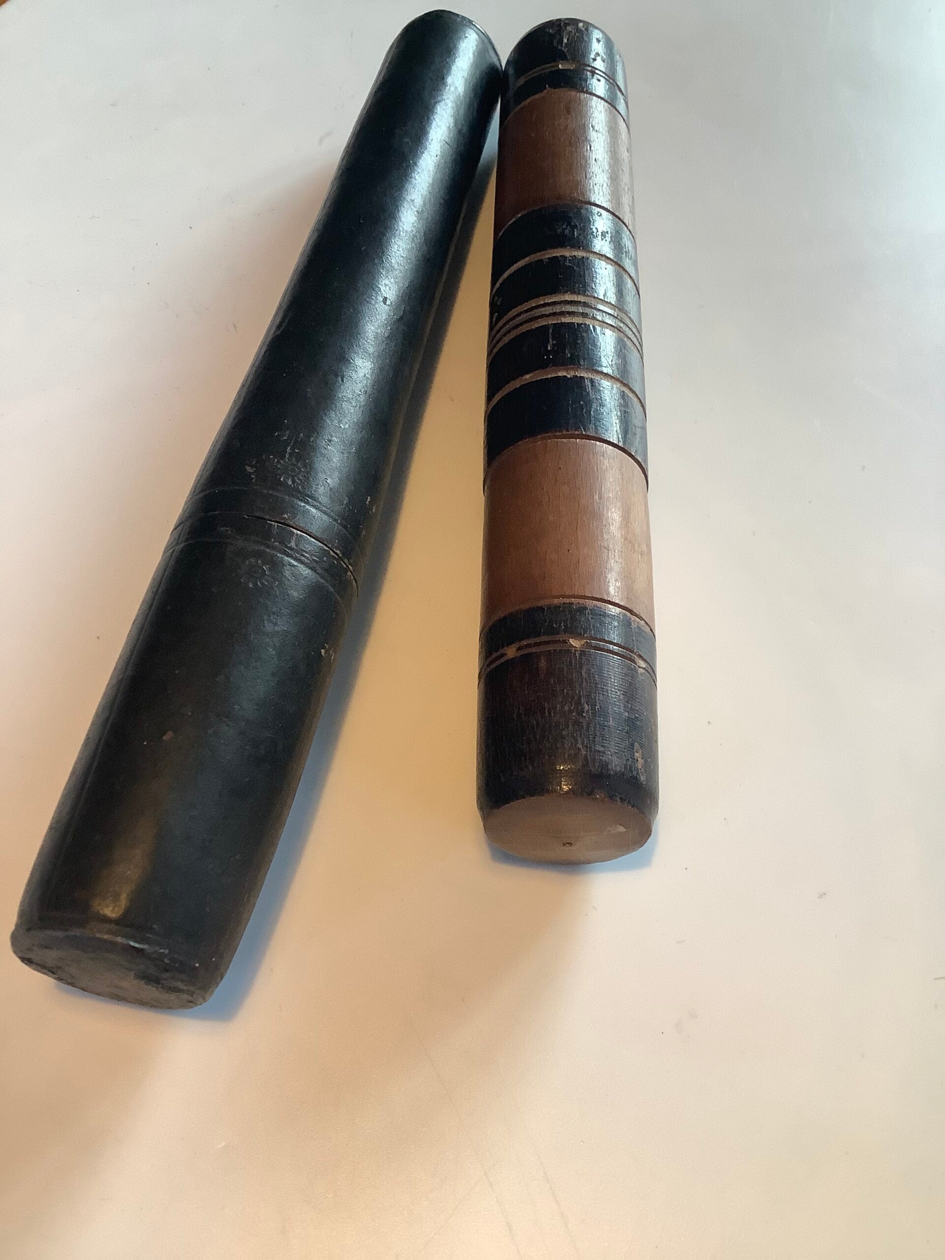 Rare Antique Leather Turned Wood Fishing Float Holders with early starburst stamps