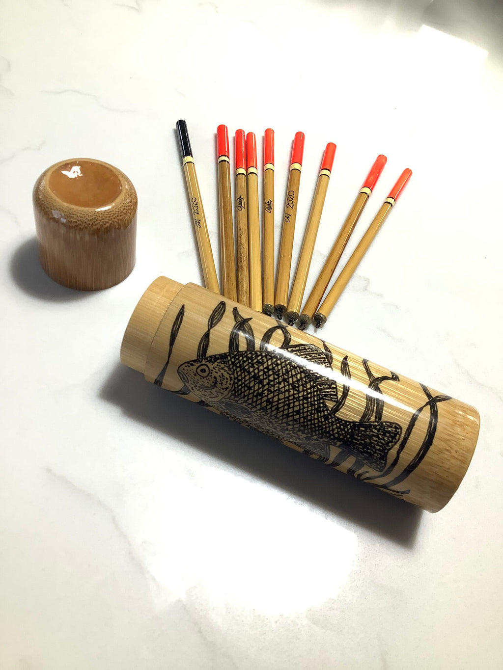 Jon Woods Hand crafted Small float Holder with hand made 9 x Reed Floats