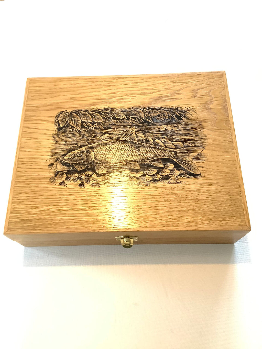Paul Cook Hand Made Solid Oak Float Box with Painted Barbel