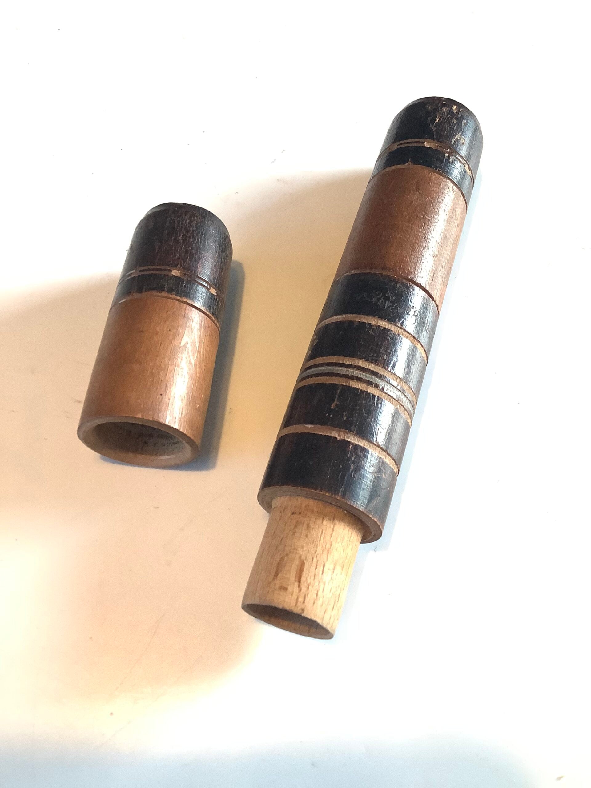 Rare Antique Leather Turned Wood Fishing Float Holders with early starburst stamps