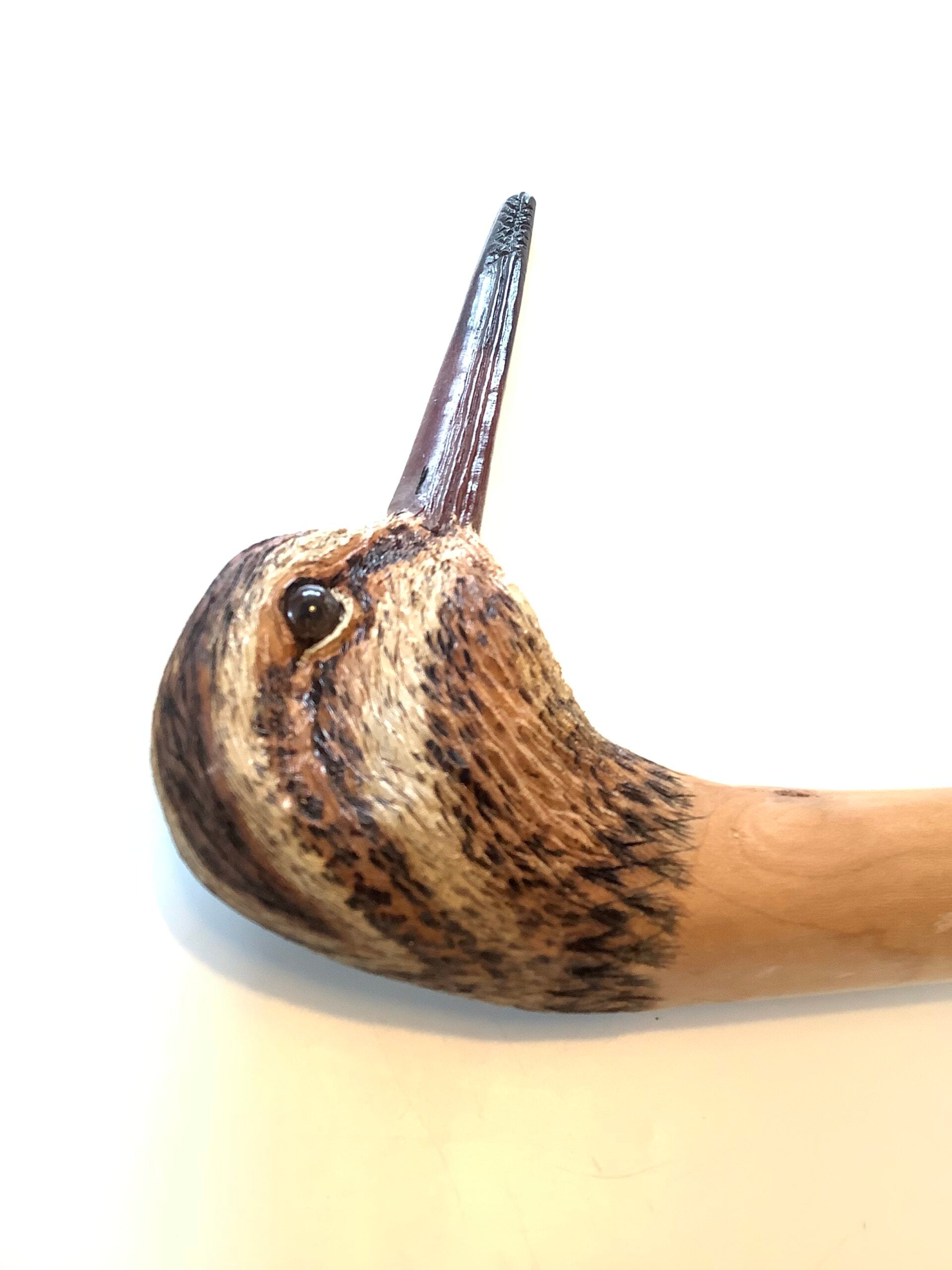 A Stunning Ian Taylor Hand Carved Painted SNIPE walking Stick, MAKER TO THE QUEEN