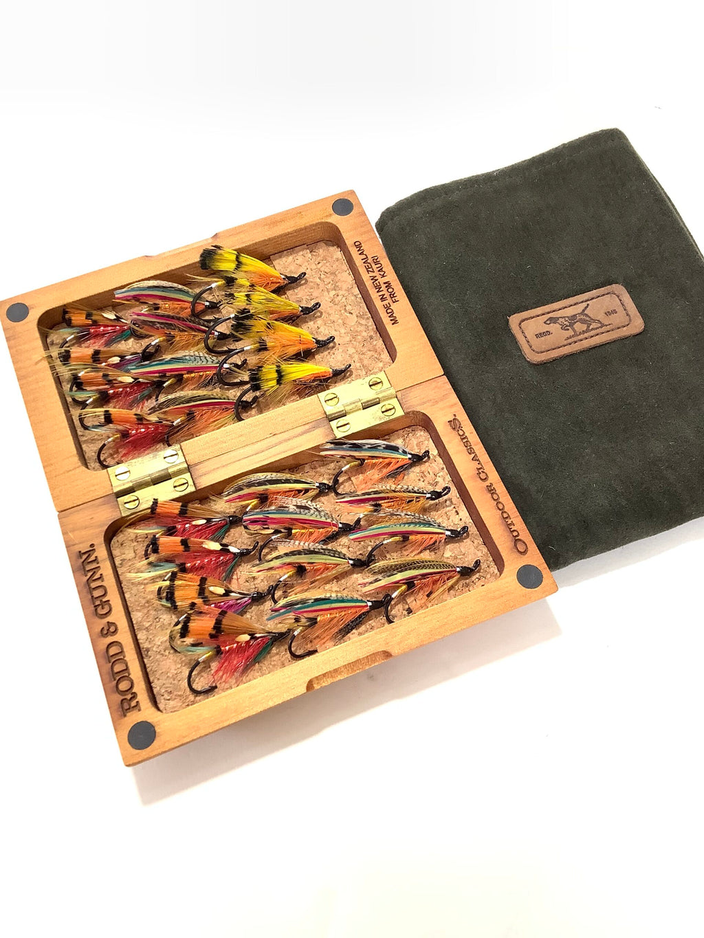 Scarce RODD GUNN FLY BOX of New Zealand with 24 dressed Salmon Flies