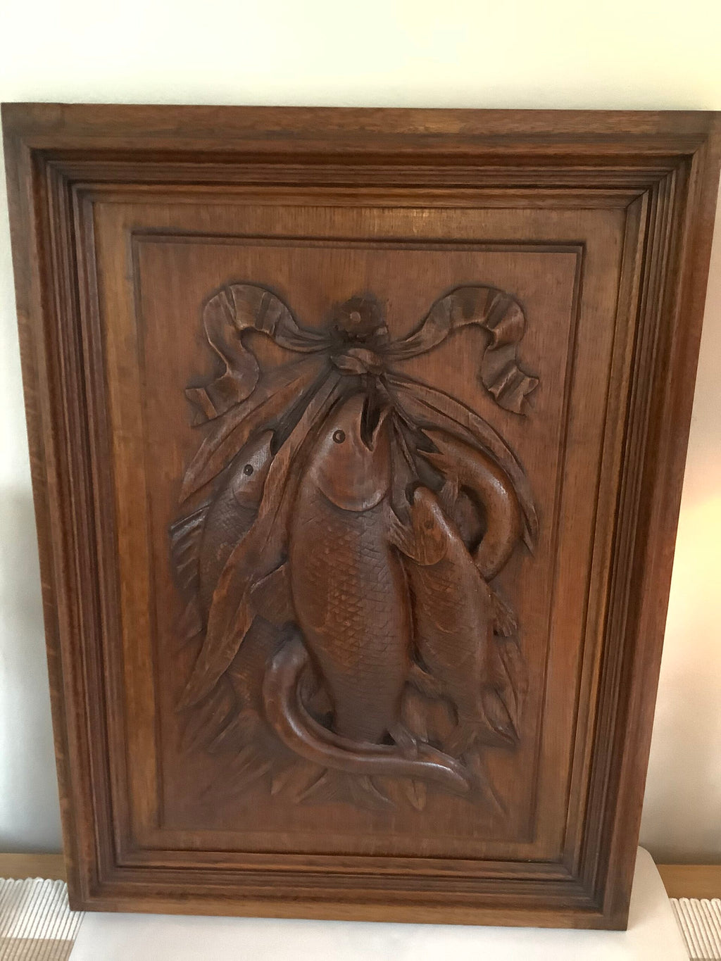 Stunning Antique Hardwood carved fishes on an Oak panel