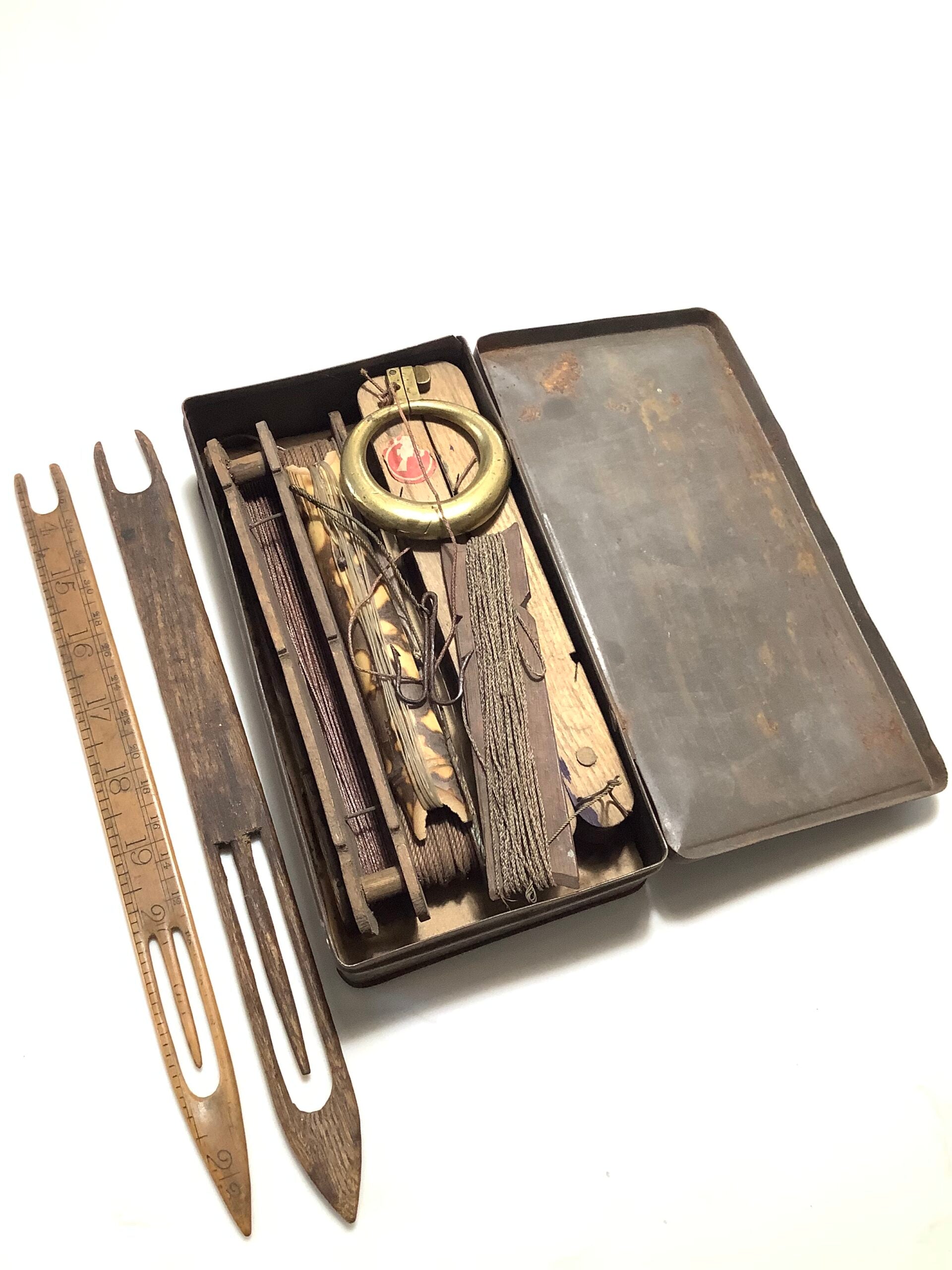 Antique very early collection of Floats Line winders ( Horsehair line) with hooks and Brass clearing ring