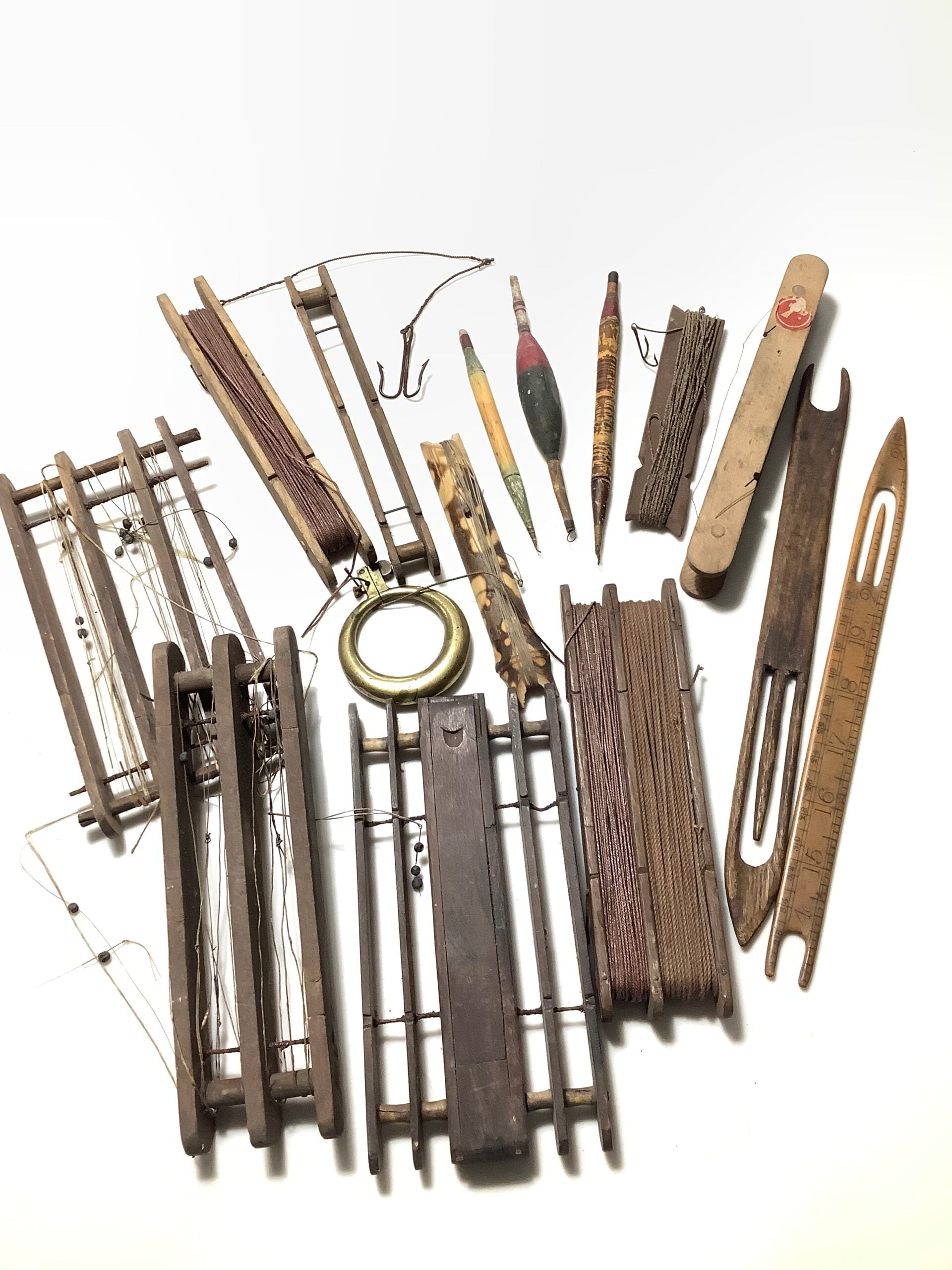 Antique very early collection of Floats Line winders ( Horsehair line) with hooks and Brass clearing ring