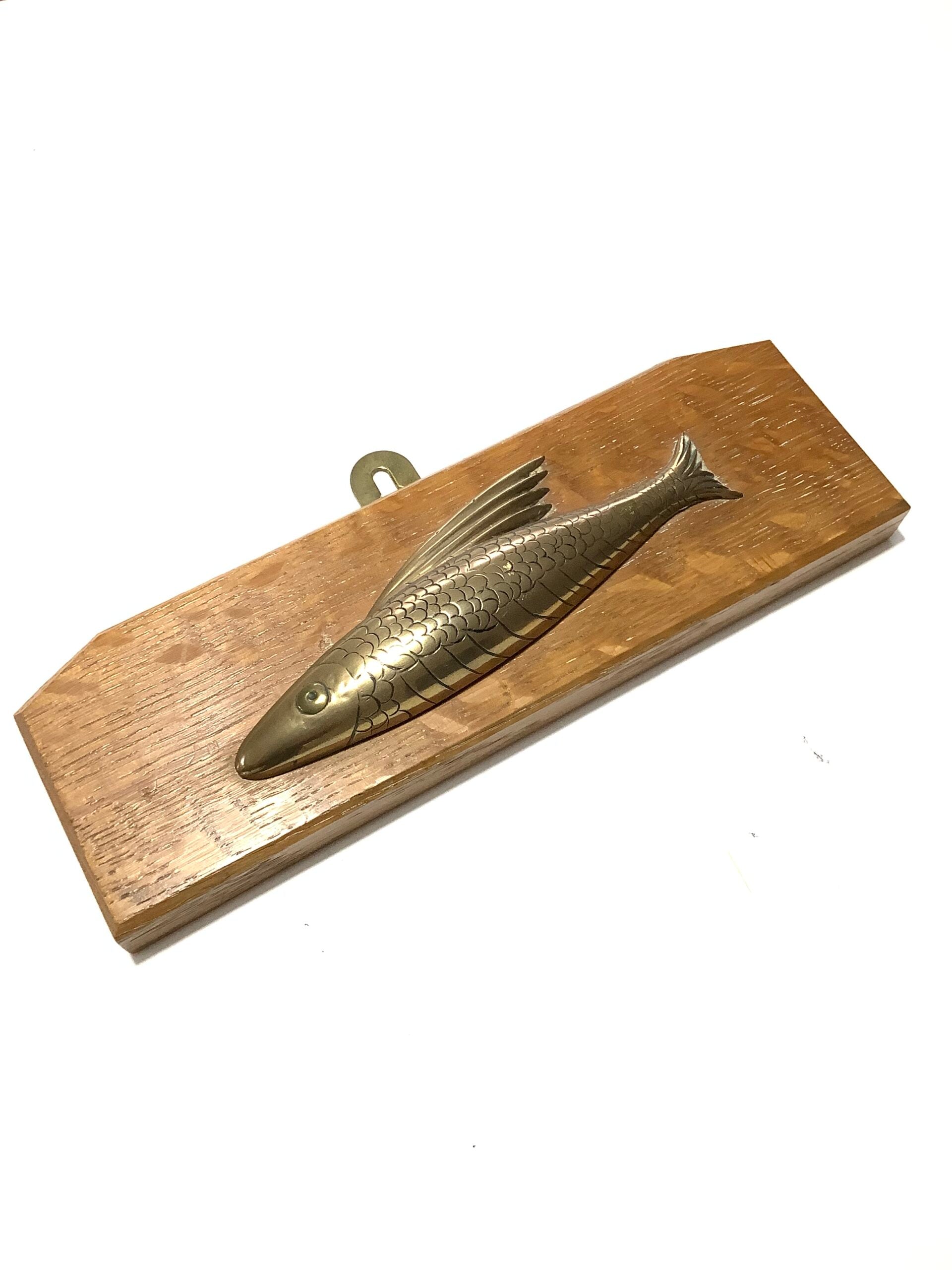Antique Brass Fish Set on a Solid Oak Wall Plaque