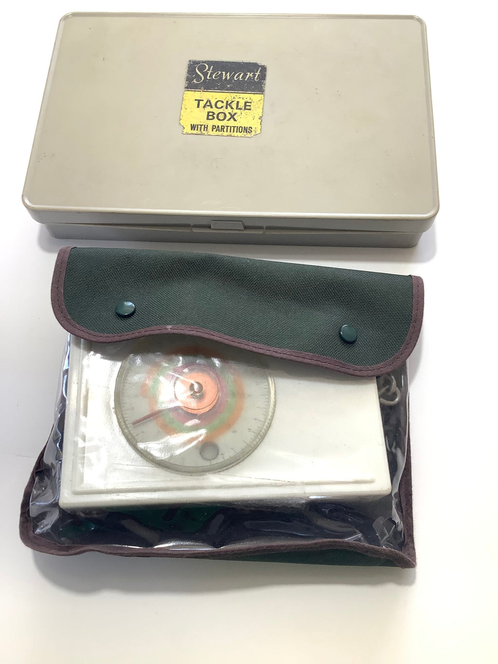 Vintage STEWART Tackle box of items Avon Scales