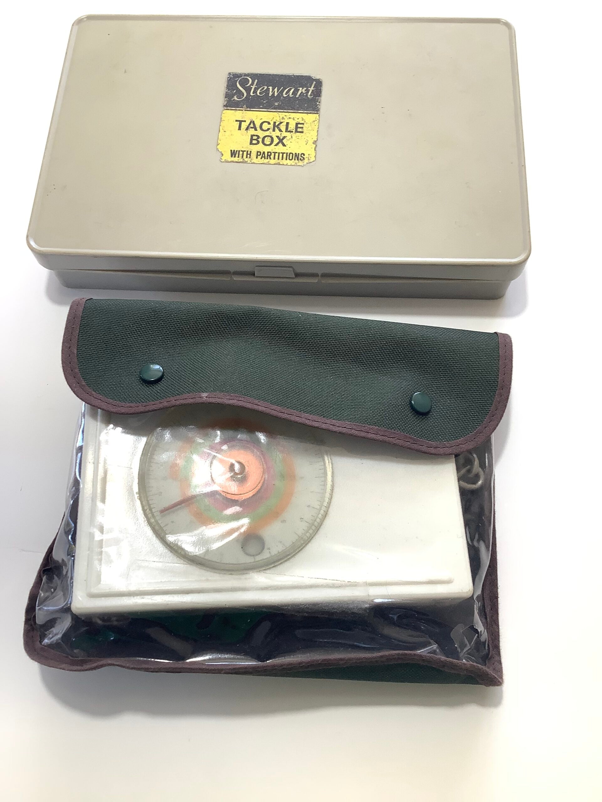 Vintage STEWART Tackle box of items Avon Scales