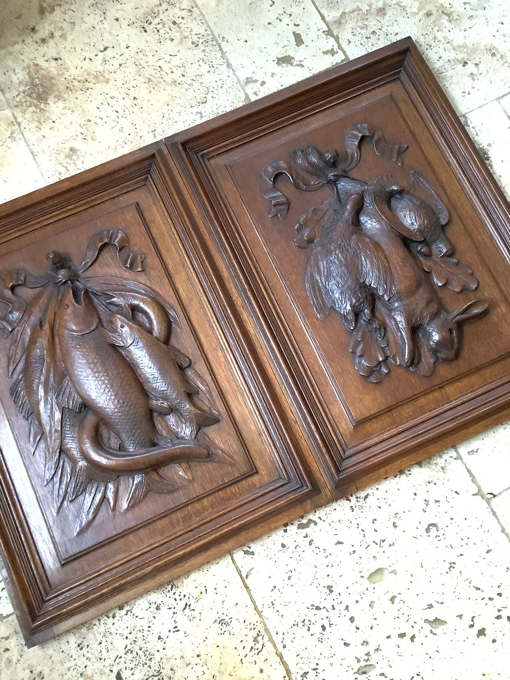 Stunning Antique Hardwood carved fishes on an Oak panel