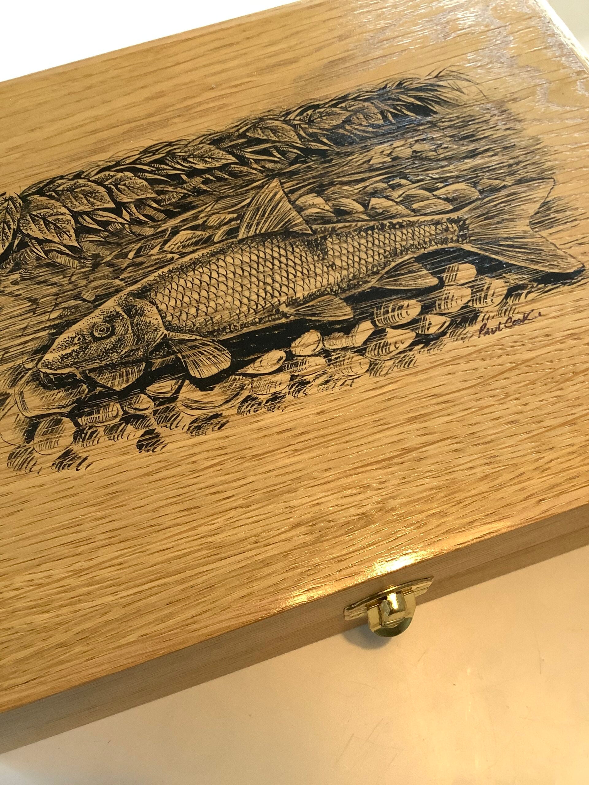 Paul Cook Hand Made Solid Oak Float Box with Painted Barbel