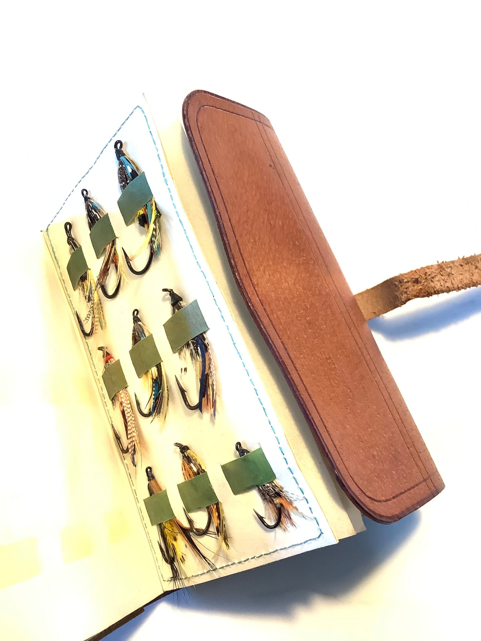 Antique Richard Wheatley Leather Fly Wallet with large Dressed salmon Flies