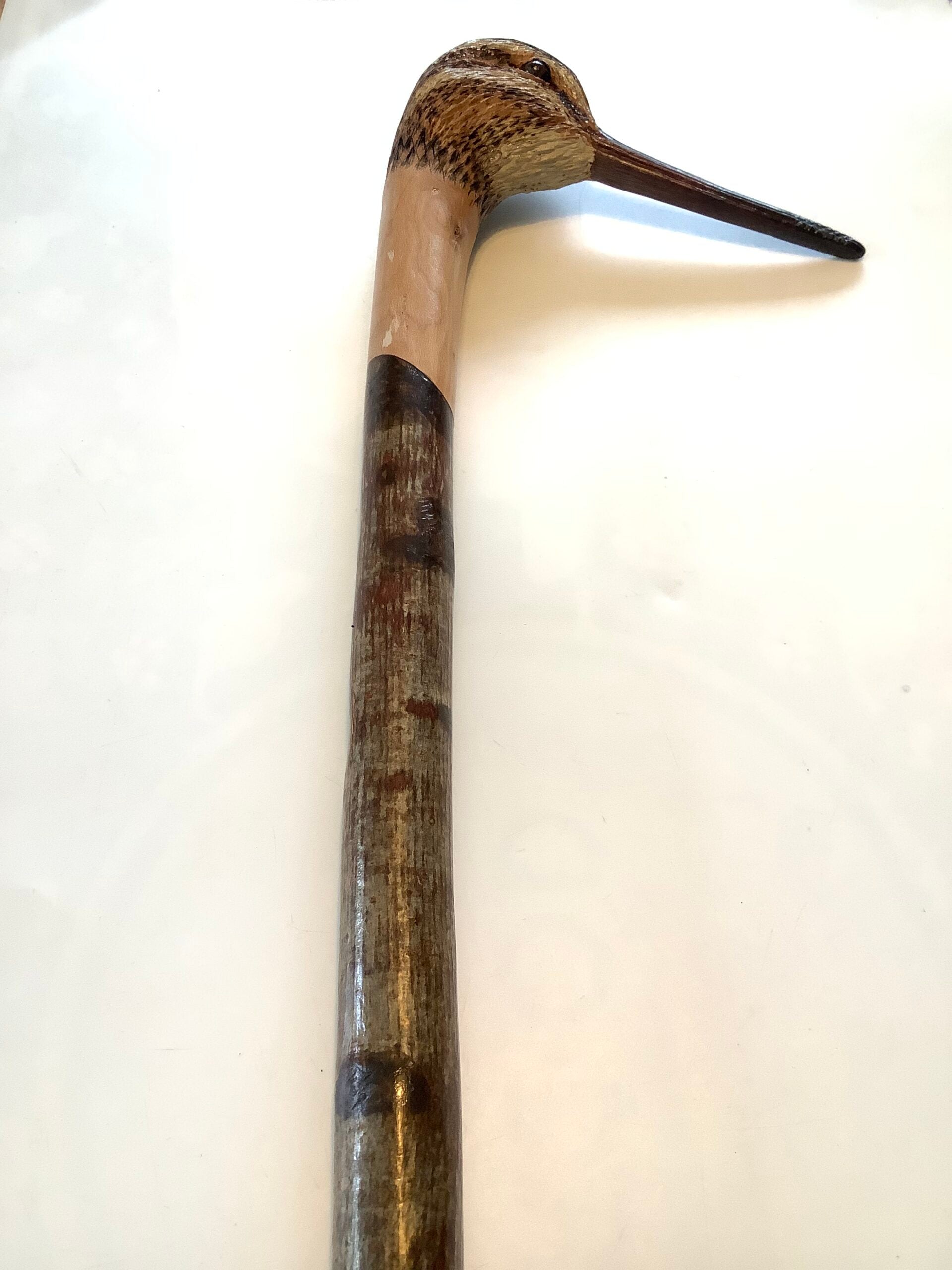 A Stunning Ian Taylor Hand Carved Painted SNIPE walking Stick, MAKER TO THE QUEEN