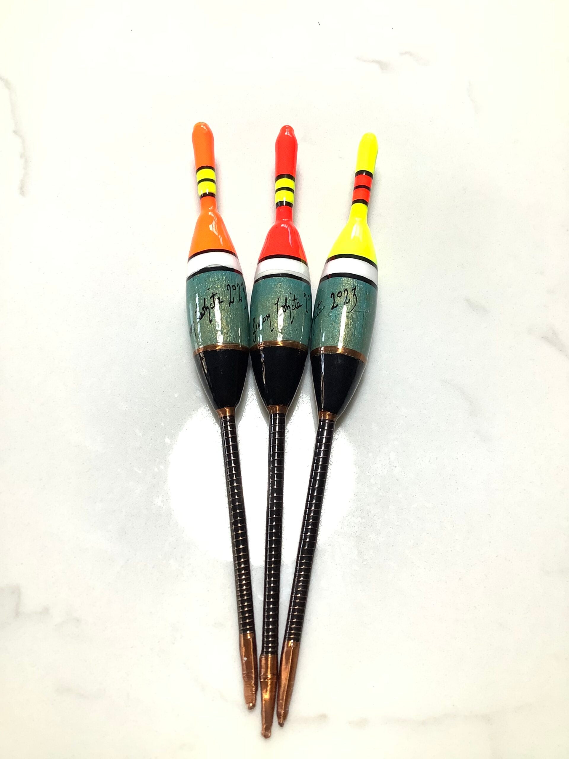A set of Avon Hand Crafted Floats by The Golden Scale Club Rod builder Jason White