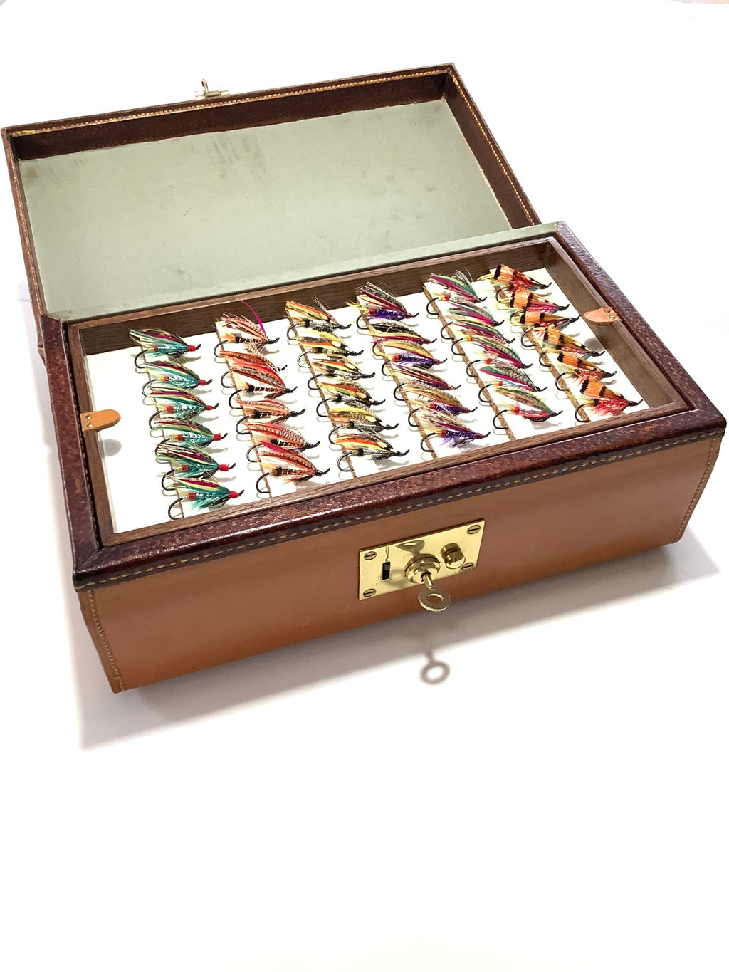 PETER LOAM HAND CRAFTED LEATHER OAK SALMON FLY RESERVOIR WITH COLLECTION OF TRADITIONAL HAND TIED DRESSED SALMON FLIES