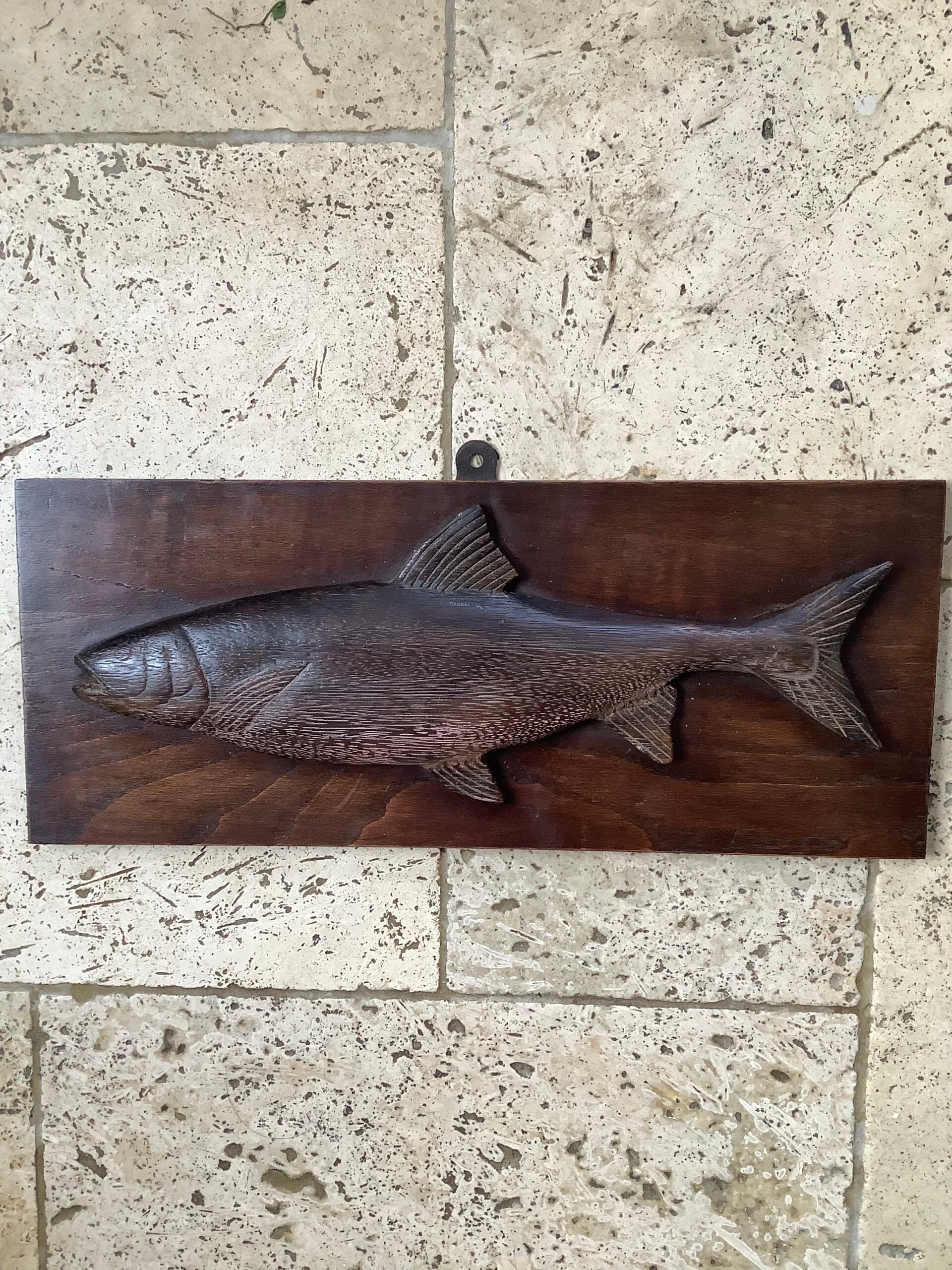Antique Hand Carved Hardwood fish on a Hardwood back board