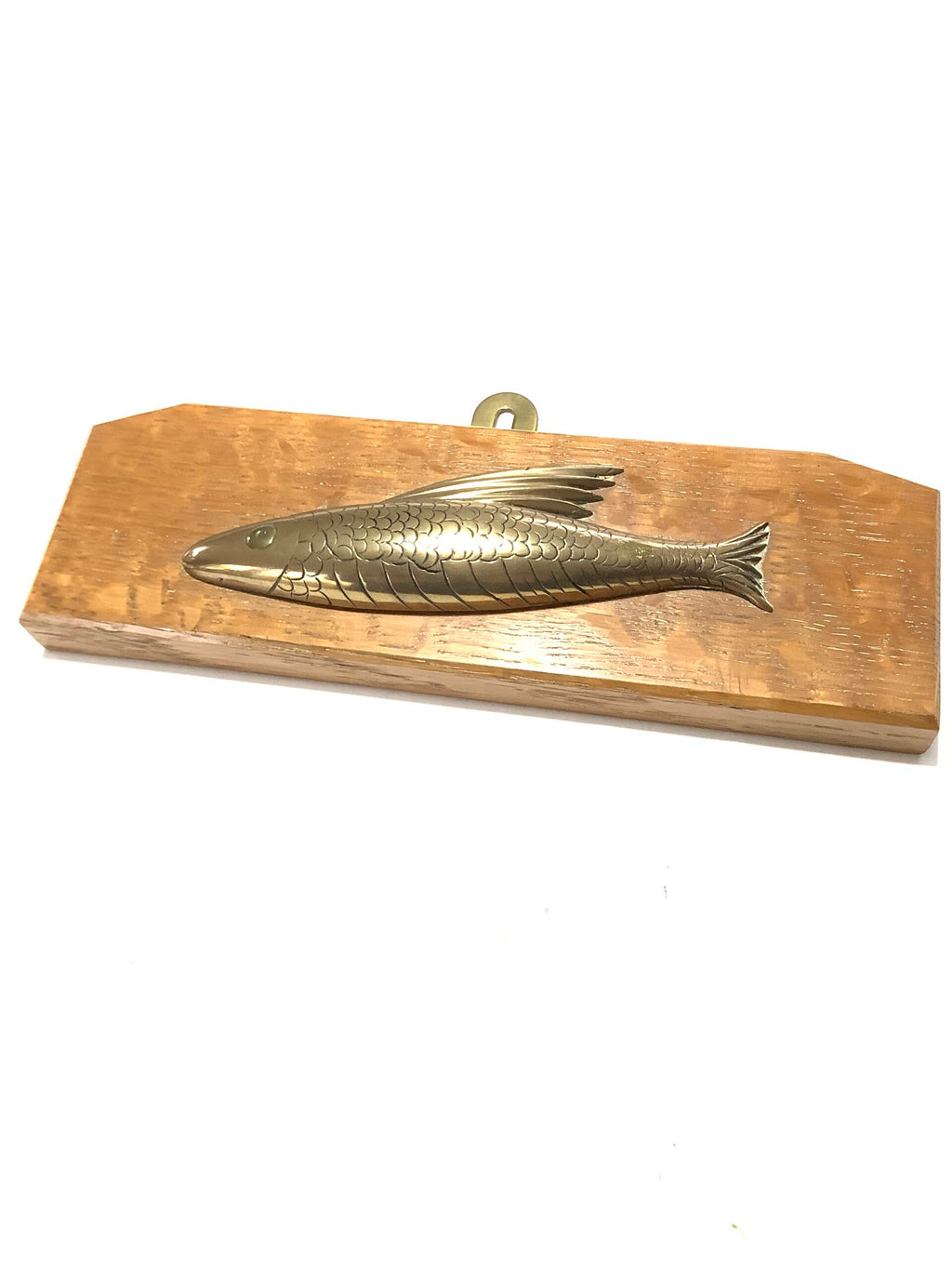 Antique Brass Fish Set on a Solid Oak Wall Plaque