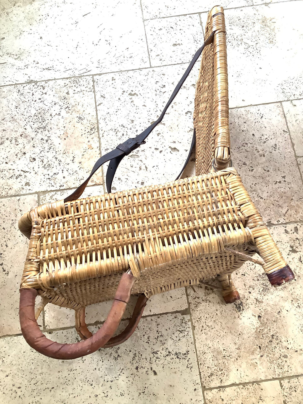 Antique Wicker Leather Folding Portable Outdoor Seat