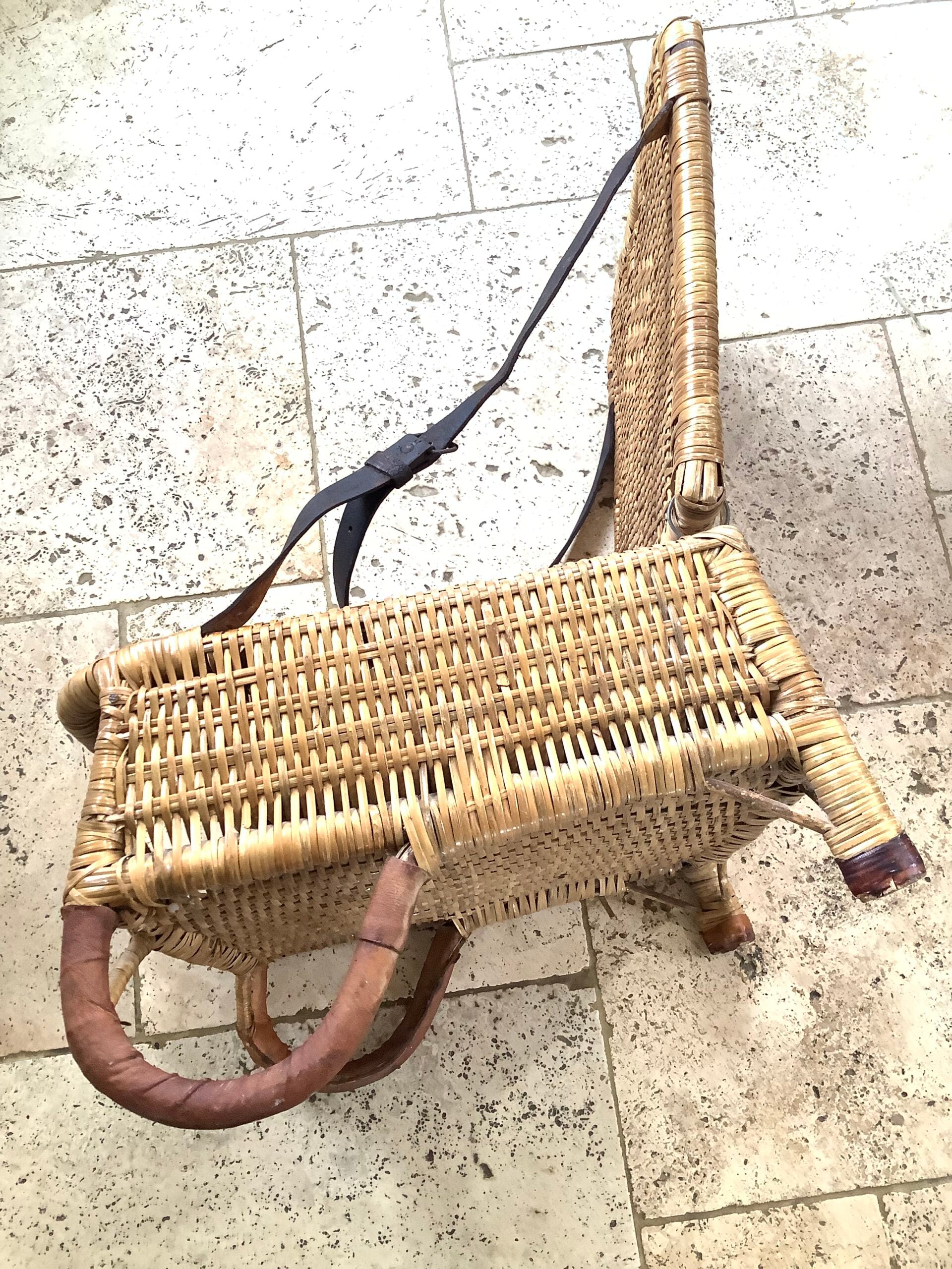 Antique Wicker Leather Folding Portable Outdoor Seat