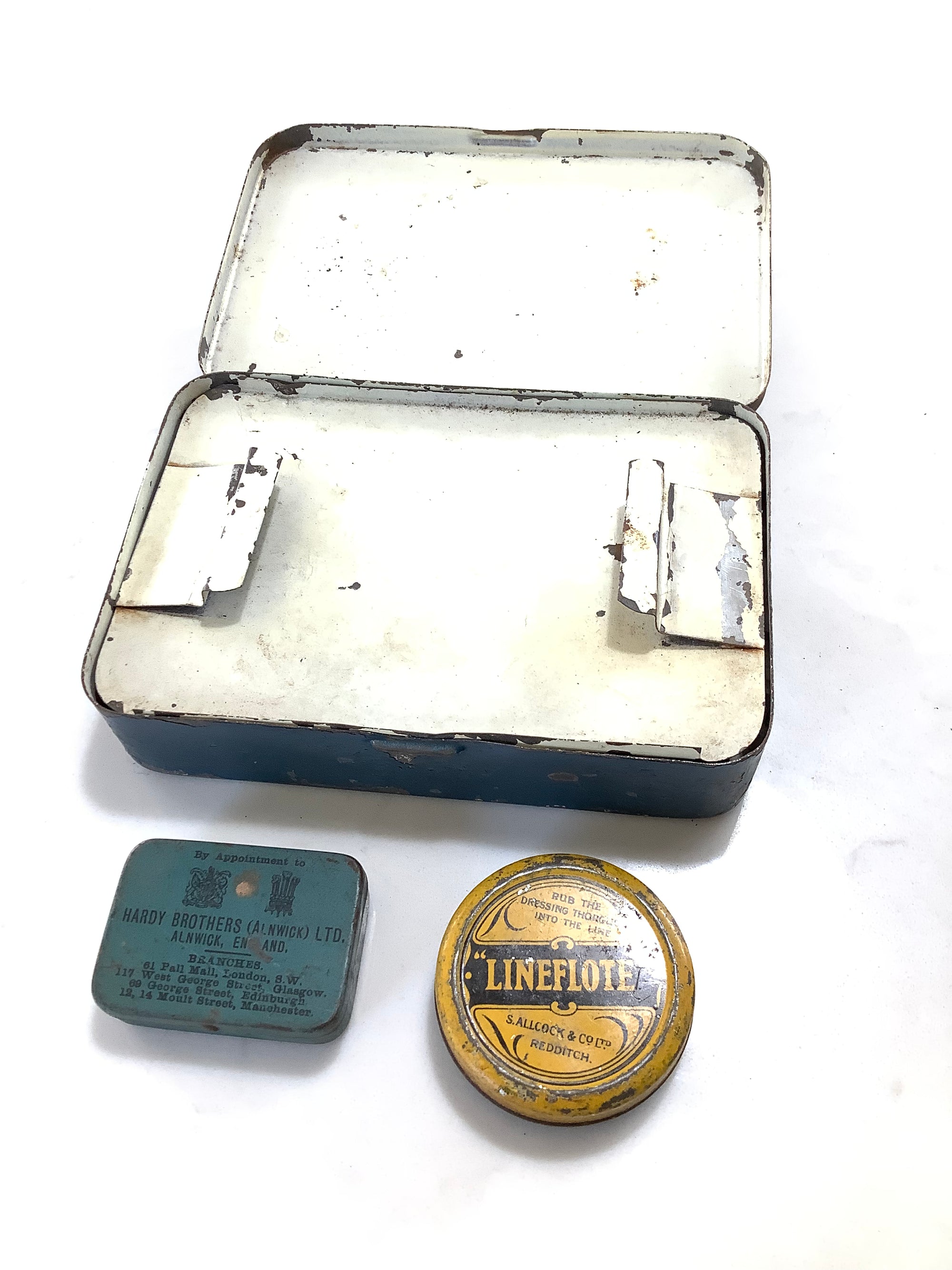 Antique Hardy Bros Lure Box with Hardy lures & Spinners