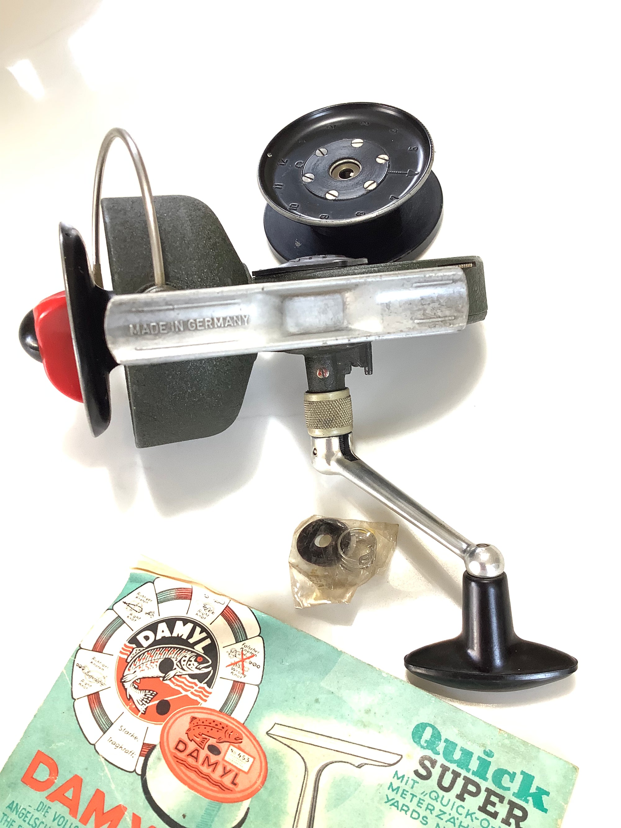 Rare Antique DAM Quick SUPER Fixed spool reel with Spare Spool and Booklet