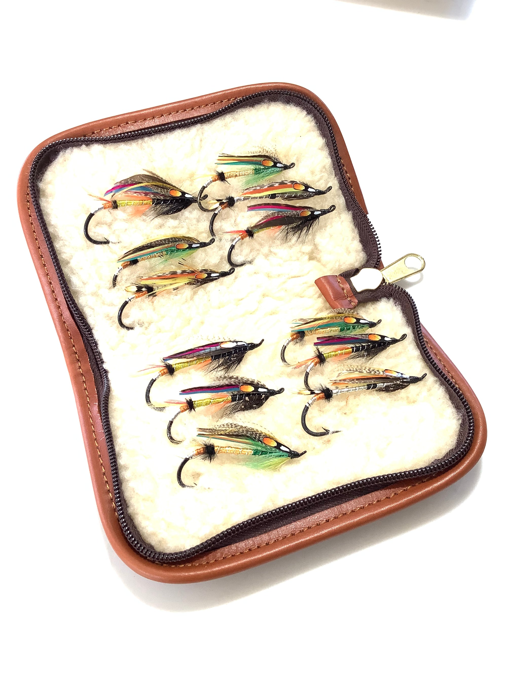Best Quality Leather MACINTYRE THOMPSON Fly Wallet with 12 x large Traditional Salmon Flies