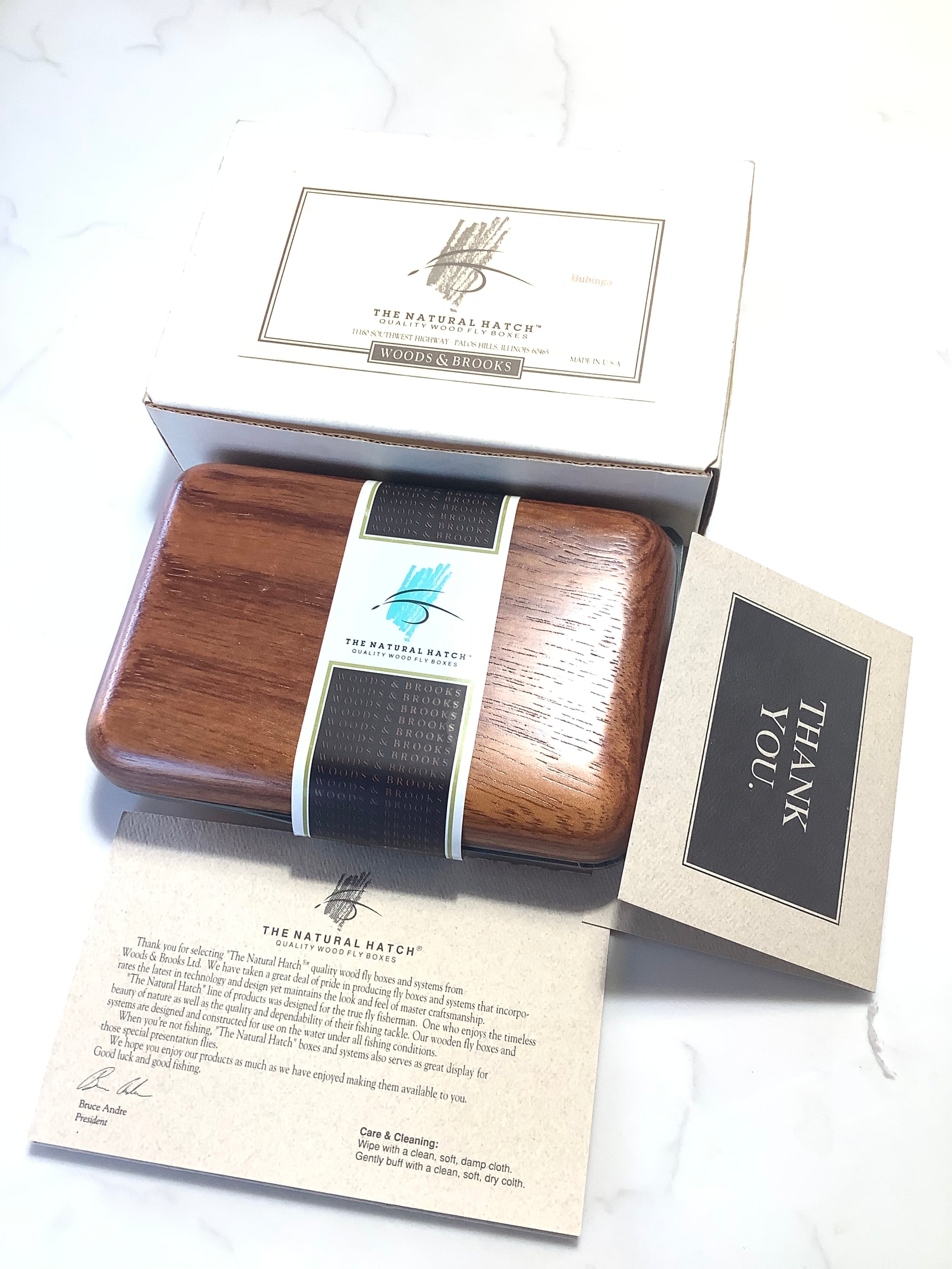 Rare Prestige THE NATURAL HATCH Best Quality BUBINGA Wood Fly Box NEW unused by WOODS & BROOKS Master Craftsman