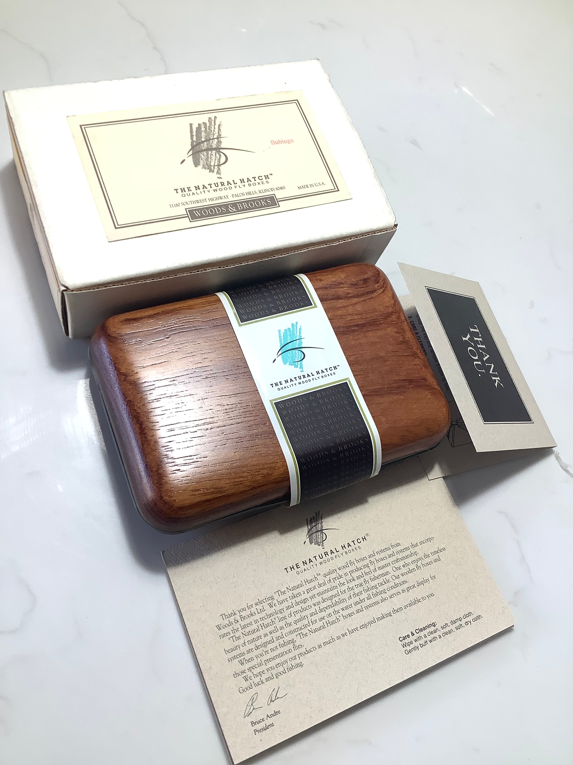Rare Prestige THE NATURAL HATCH Best Quality BUBINGA Wood Fly Box NEW unused by WOODS & BROOKS Master Craftsman