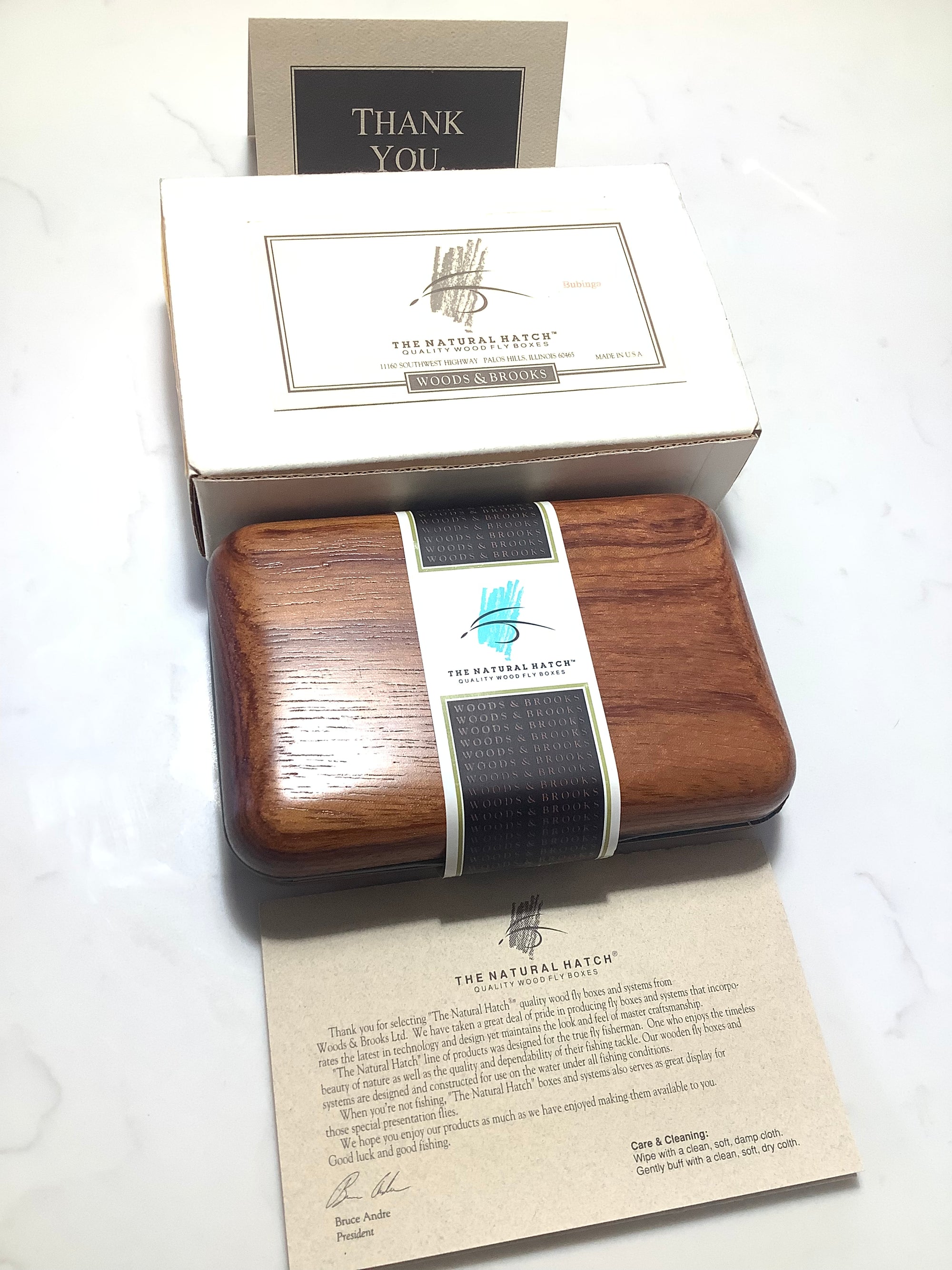 Rare Prestige THE NATURAL HATCH Best Quality BUBINGA Wood Fly Box NEW unused by WOODS & BROOKS Master Craftsman