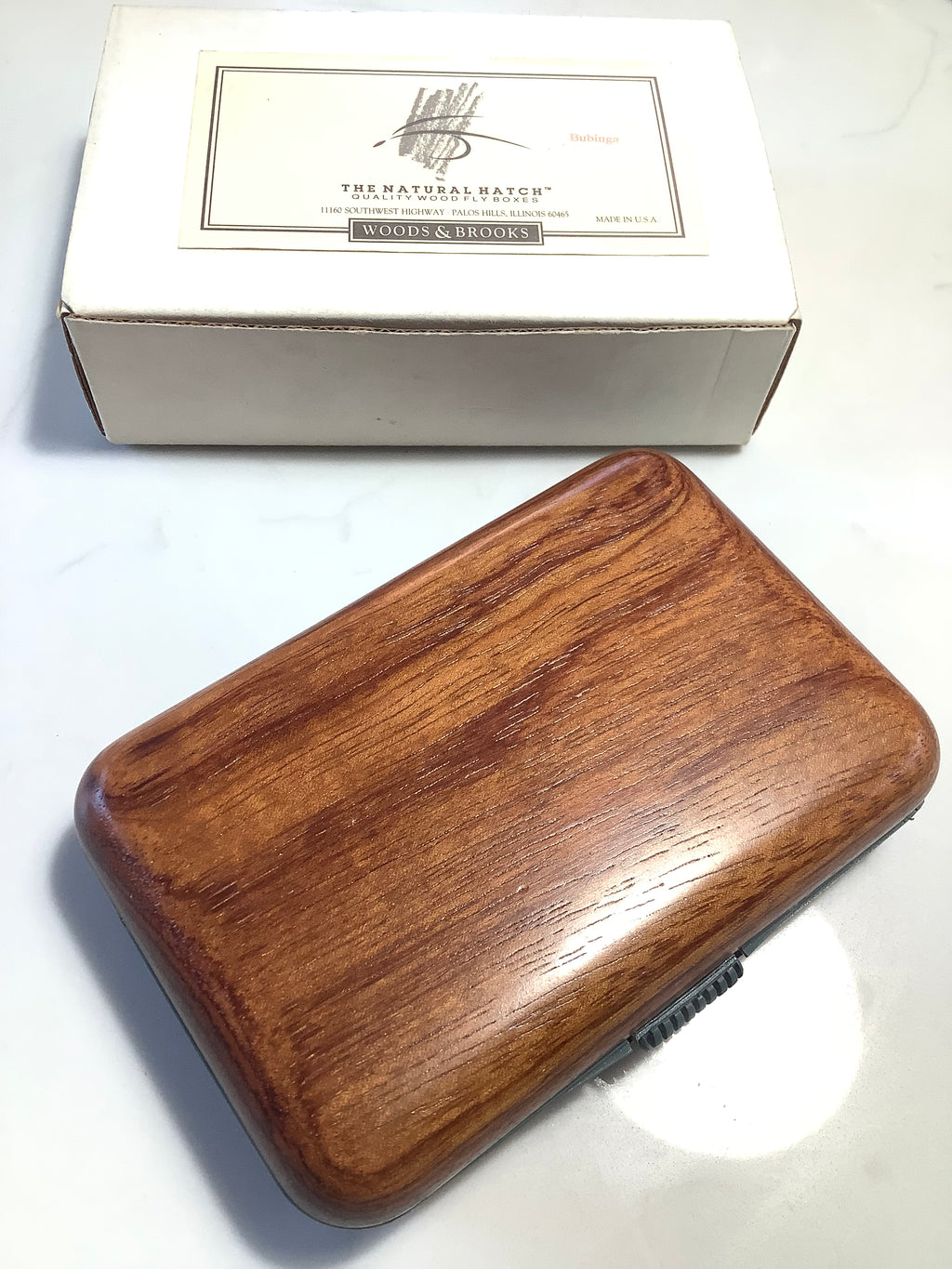 Rare Prestige THE NATURAL HATCH Best Quality BUBINGA Wood Fly Box NEW unused by WOODS & BROOKS Master Craftsman
