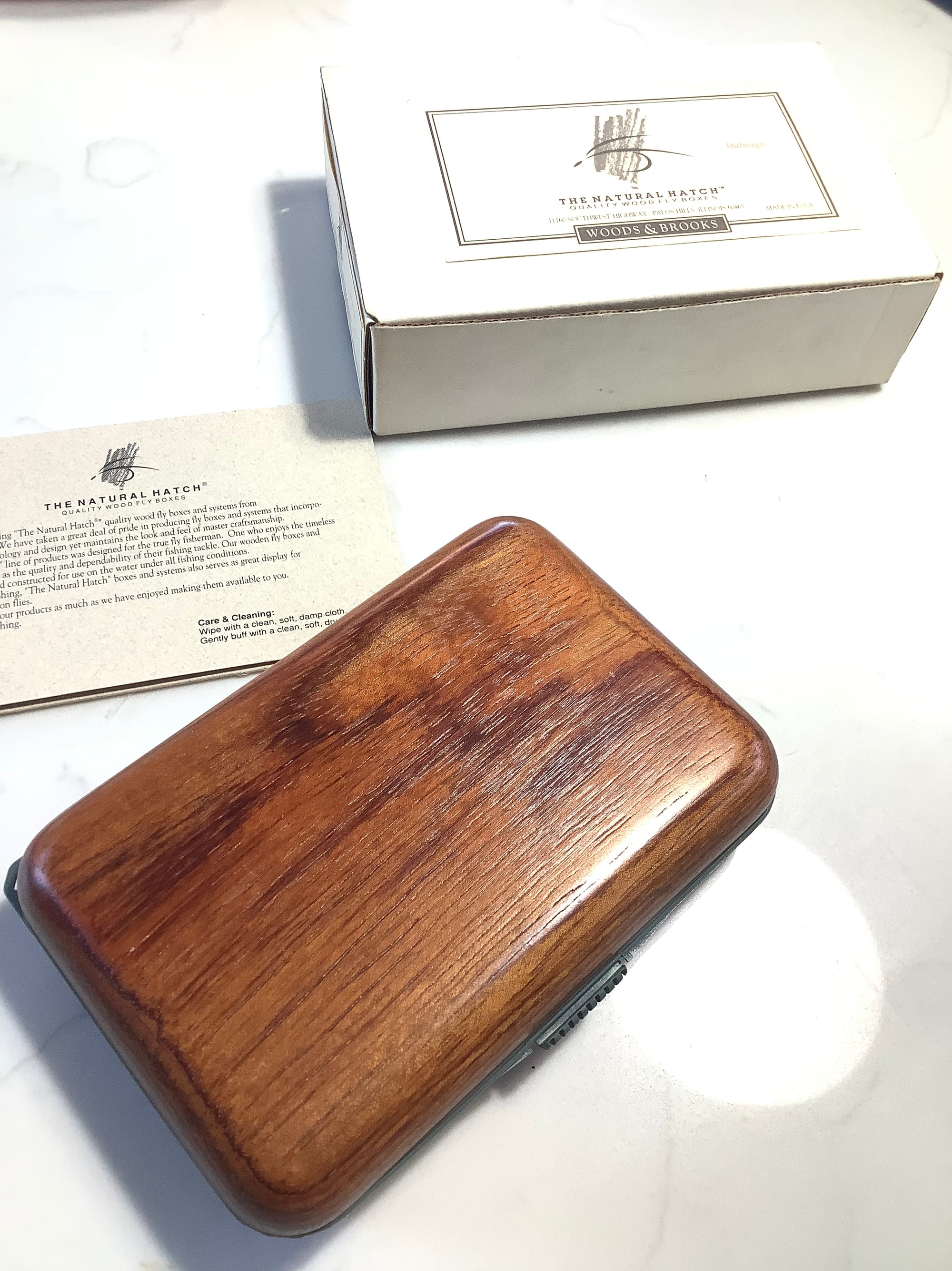 Rare Prestige THE NATURAL HATCH Best Quality BUBINGA Wood Fly Box NEW unused by WOODS & BROOKS Master Craftsman