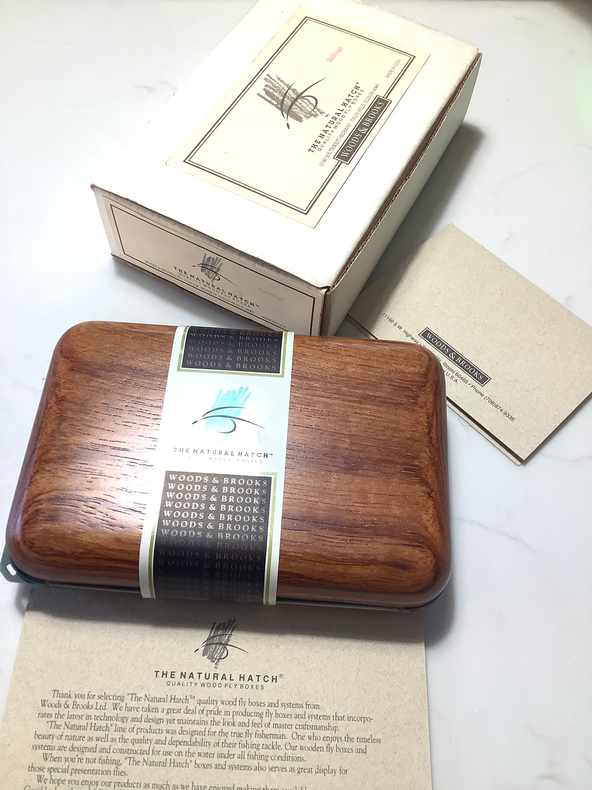 Rare Prestige THE NATURAL HATCH Best Quality BUBINGA Wood Fly Box NEW unused by WOODS & BROOKS Master Craftsman