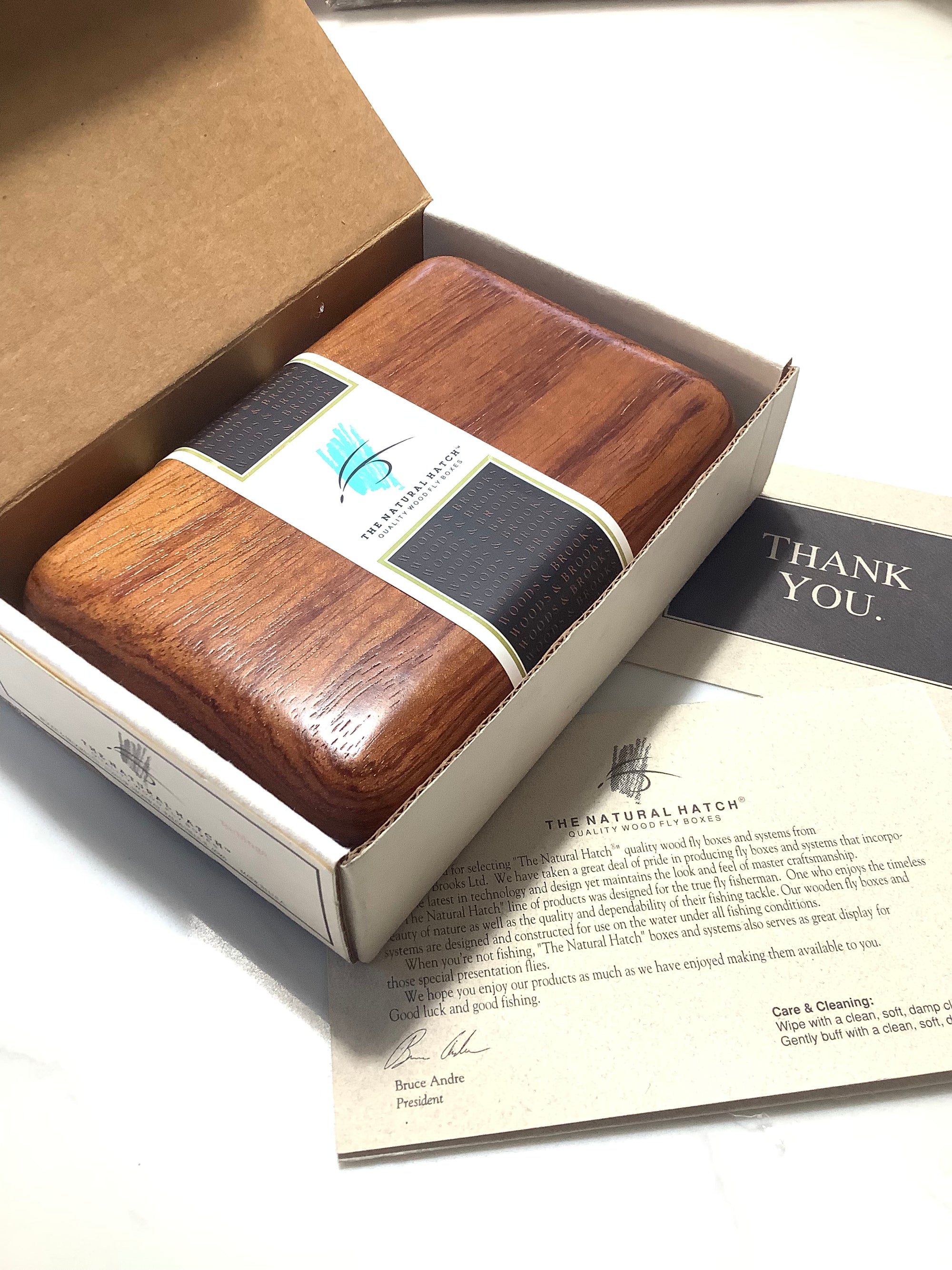 Rare Prestige THE NATURAL HATCH Best Quality BUBINGA Wood Fly Box NEW unused by WOODS & BROOKS Master Craftsman