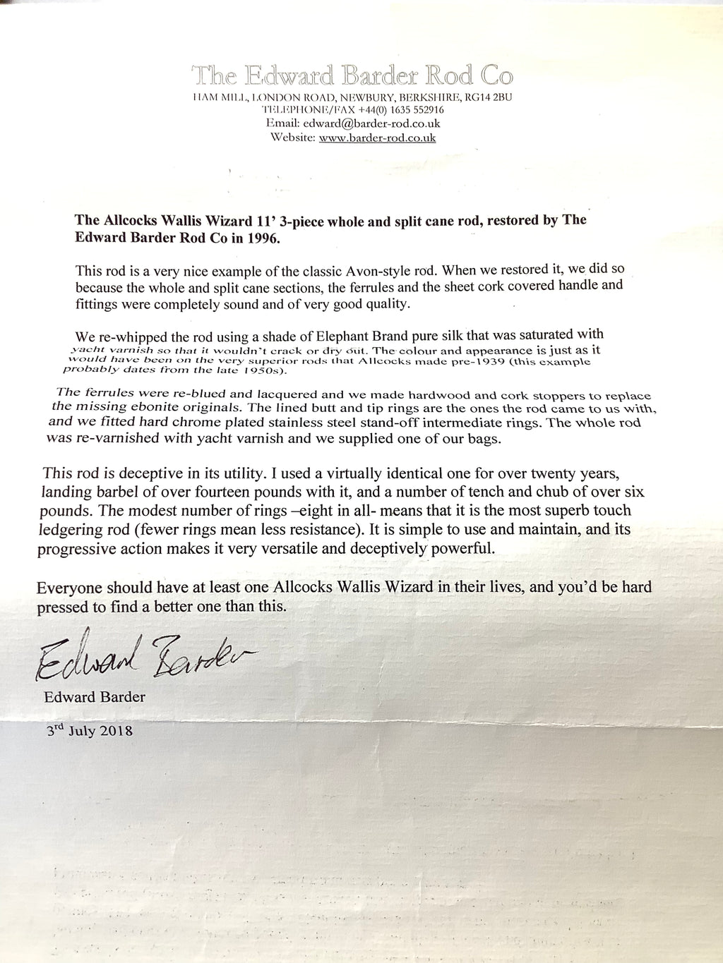 EDWARD BARDER Restored Classic Wizard Built Cane rod