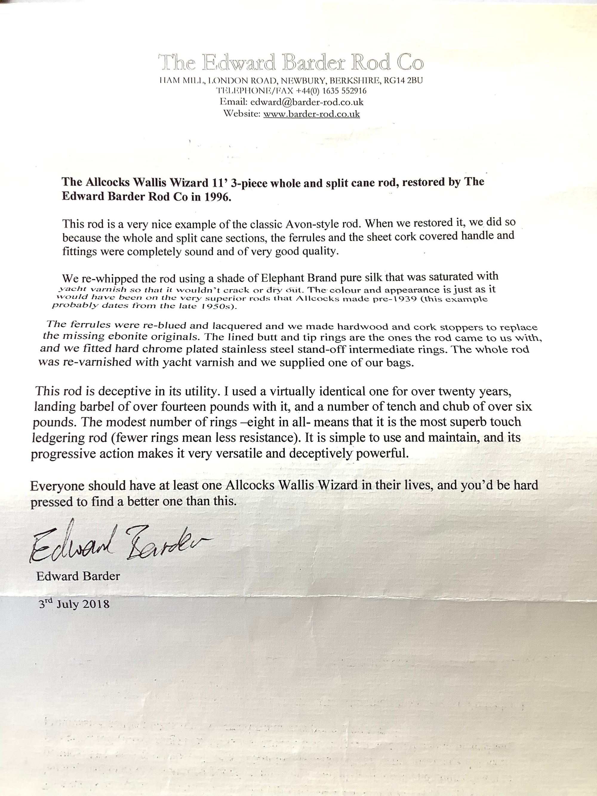 EDWARD BARDER Restored Classic Wizard Built Cane rod