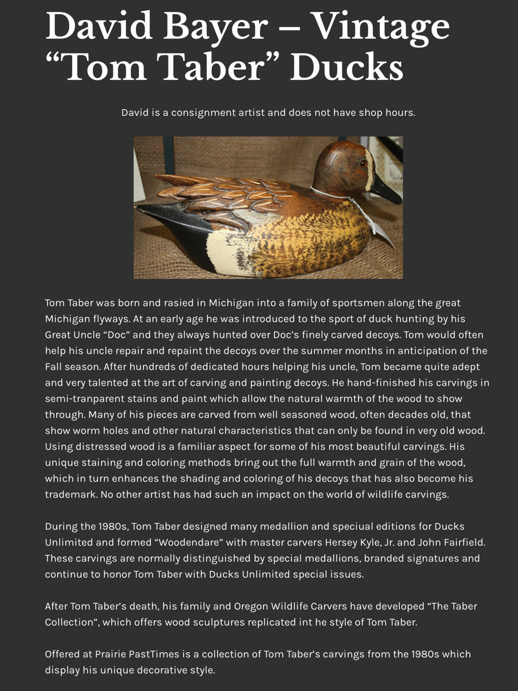 TOM TABER Hand Carved Wood Crafted PINTAIL Duck