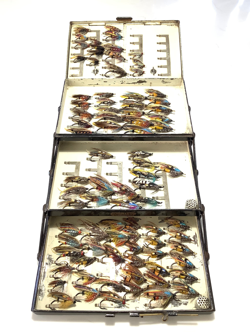 Antique FARLOWS Expandable Cantilever Salmon Fly Carrier loaded with Dressed Gut Eye Salmon Flies